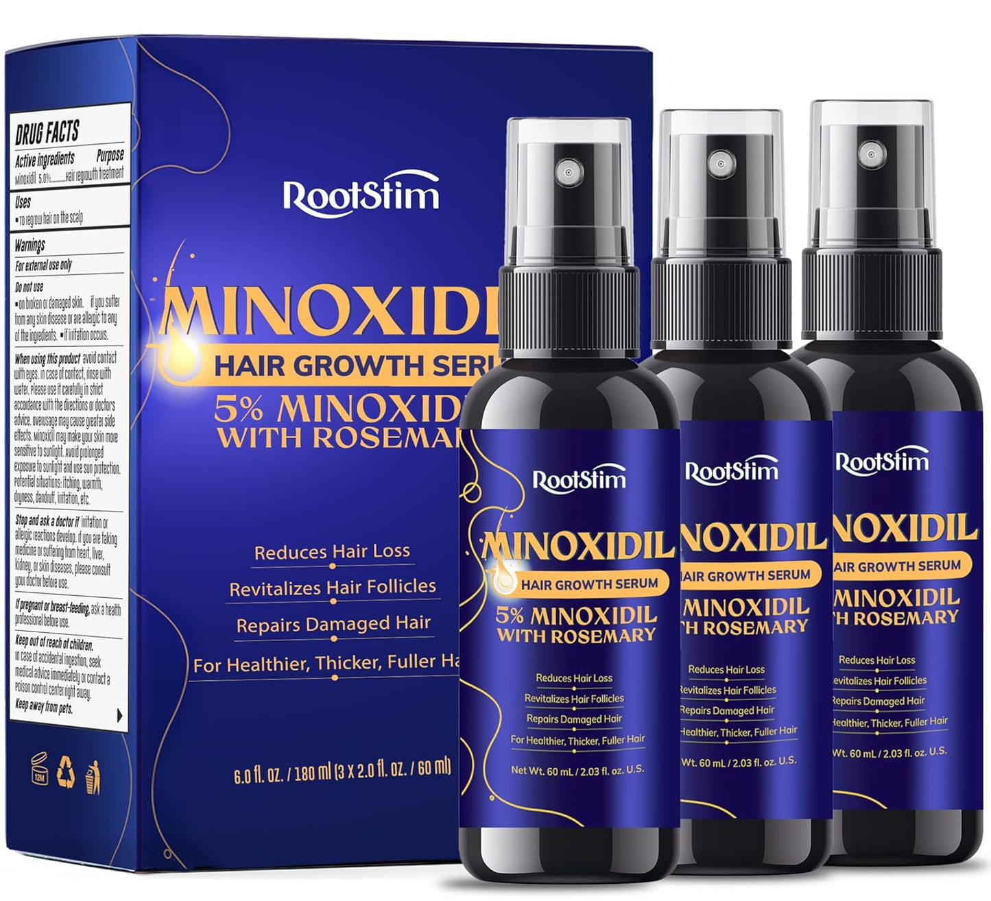 Minoxidil Hair Growth Treatment - 5% Extra Strength for Men & Women | 3-Pack, 180 ML, Rosemary Infused for Thinning Hair