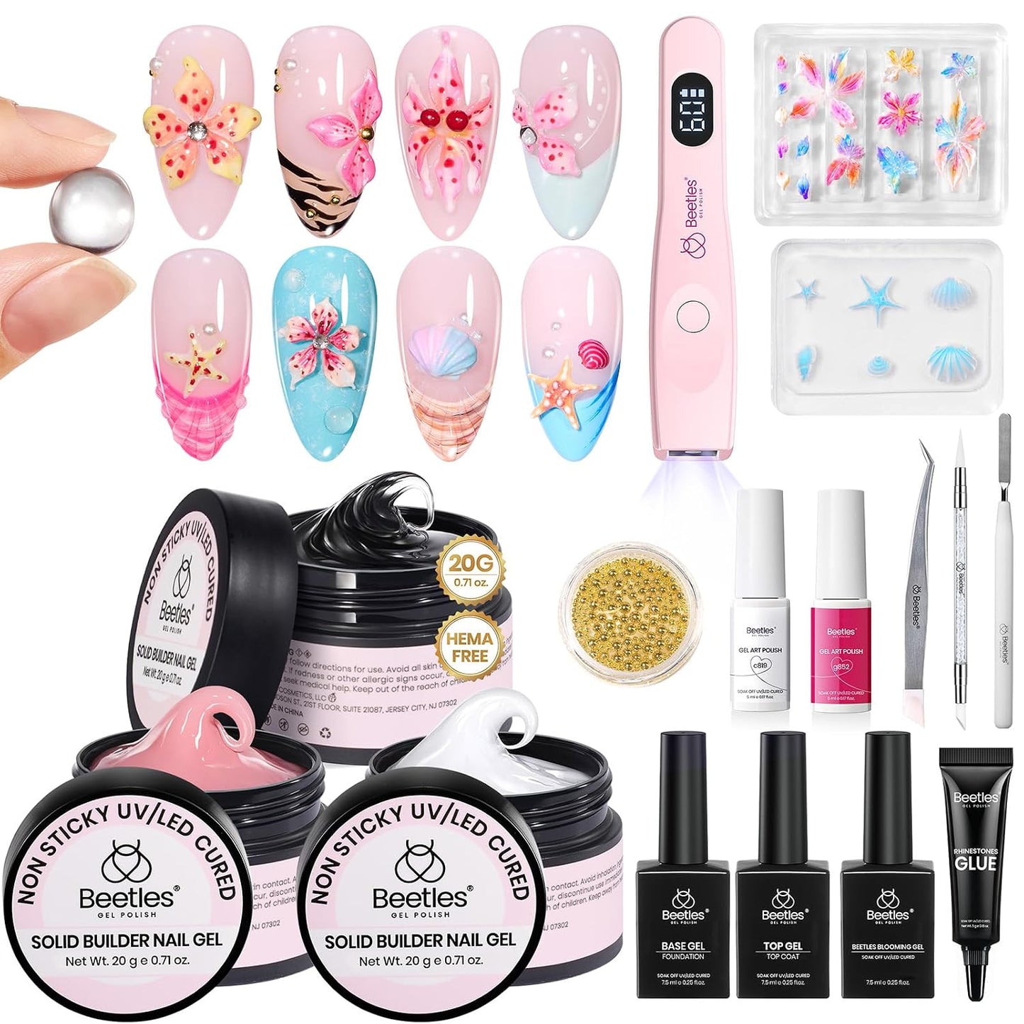 Beetles 3D Solid Builder Nail Gel Kit - 2 oz Clear Sculpting Gel for 3D Nail Art | Non-Sticky UV LED Gel with Dual Forms & Sculpting Pen