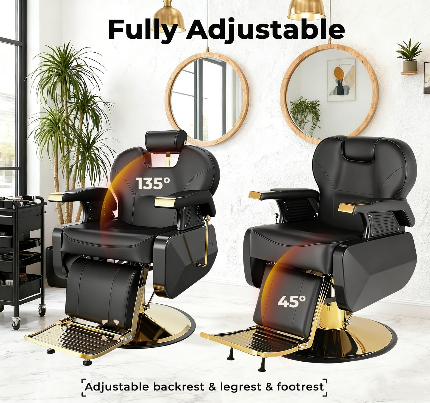 Black and Gold Barber Chair, Heavy Duty Hydraulic Reclining Barber Chair for Barbershop w/ Adjustable Headrest & Footrest, 360° Swivel Studry Frame barber Chair for home, Spa, Tattoo, Beauty Salon