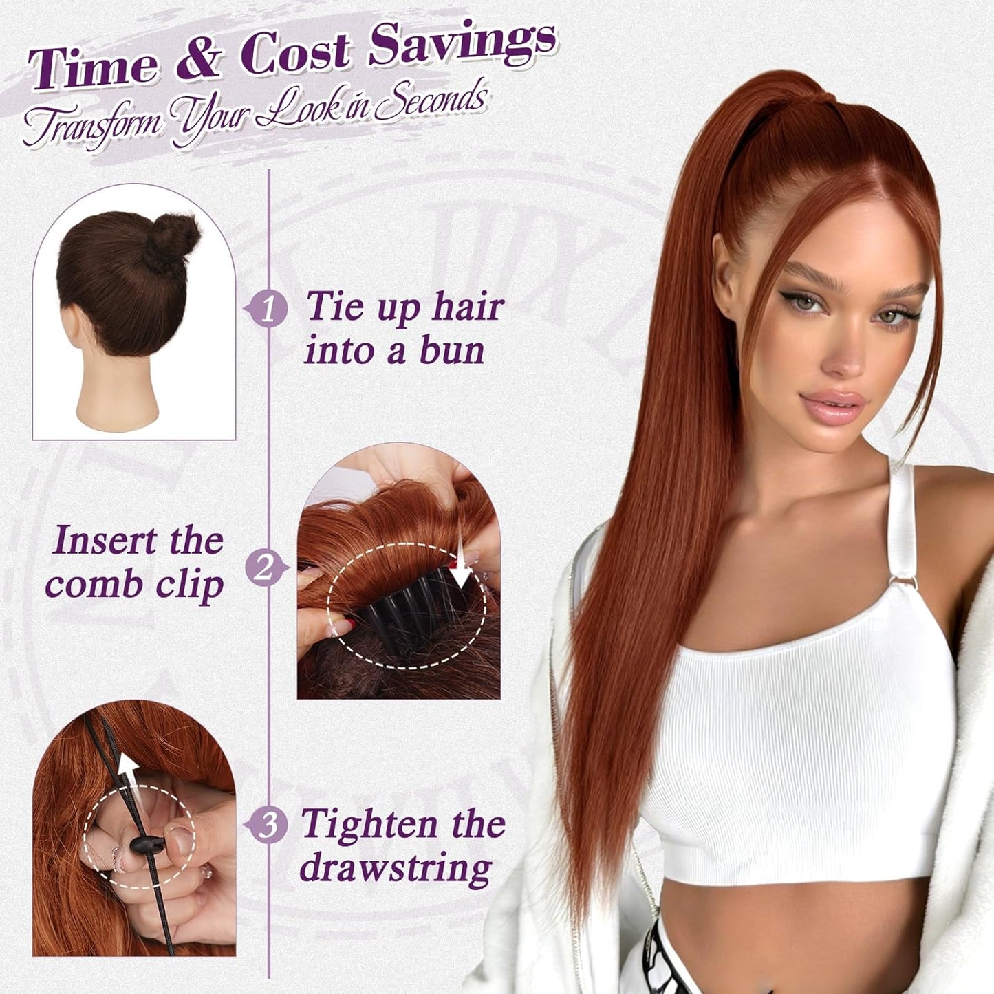 Auburn Straight Drawstring Ponytail Extension - 28 Inch Thick Copper Hairpiece for Natural Look | Soft Synthetic Ponytail