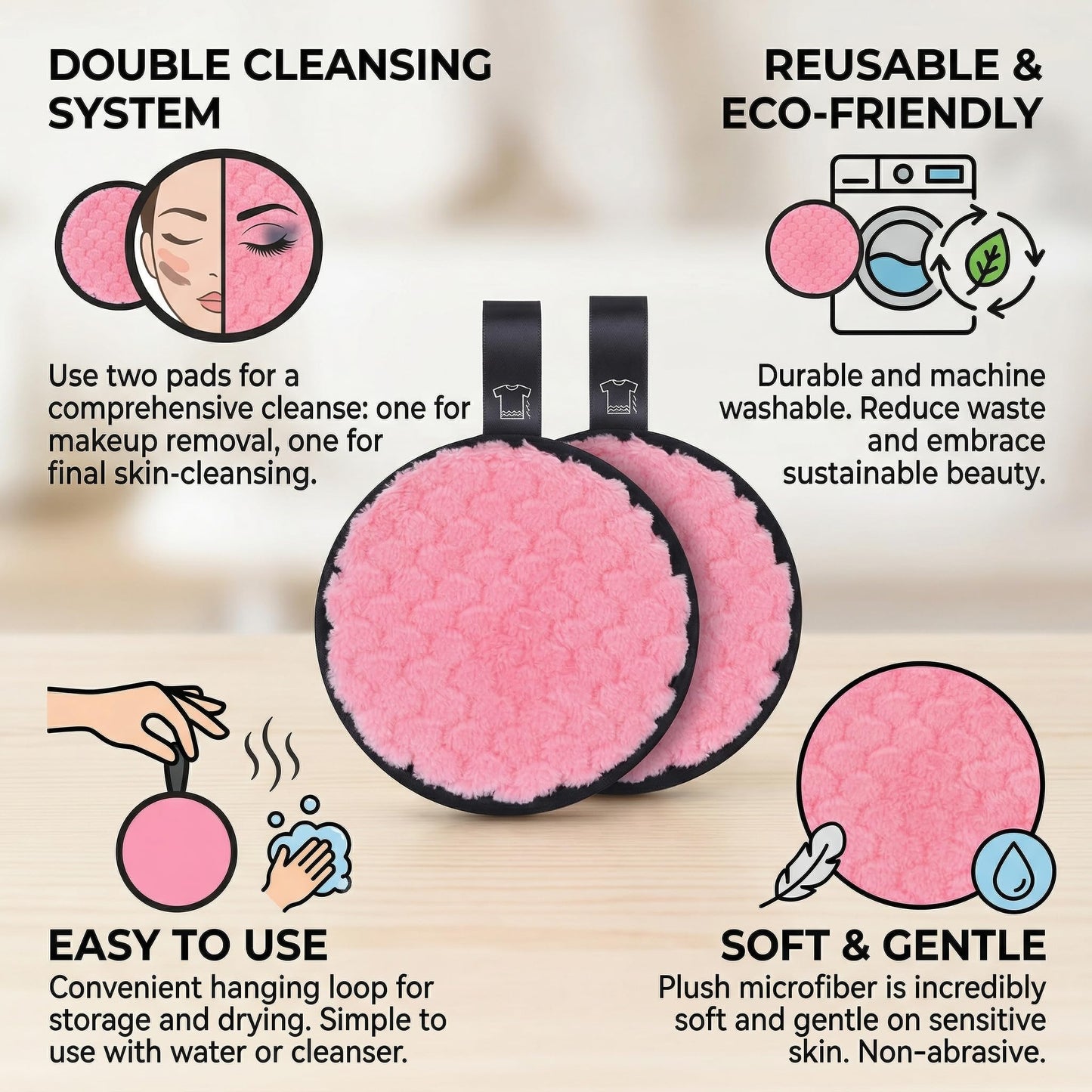 2PACK Makeup Remover Puff, Reusable Makeup Remover Pads for Removing Foundation, Mascara, Eyeshadow and Lipstick, Soft Facial Cleansing Pads for Daily Makeup Removal and Skincare Routine Pink