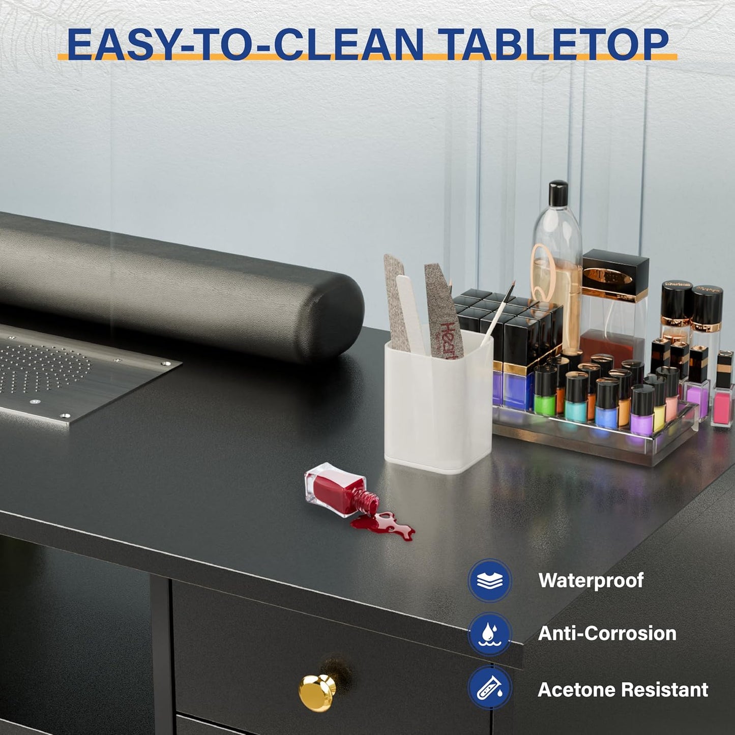 OmySalon Black & Gold Nail Desk - Electric Dust Collector, Storage Drawers & Wrist Cushion | Acetone Resistant Manicure Table
