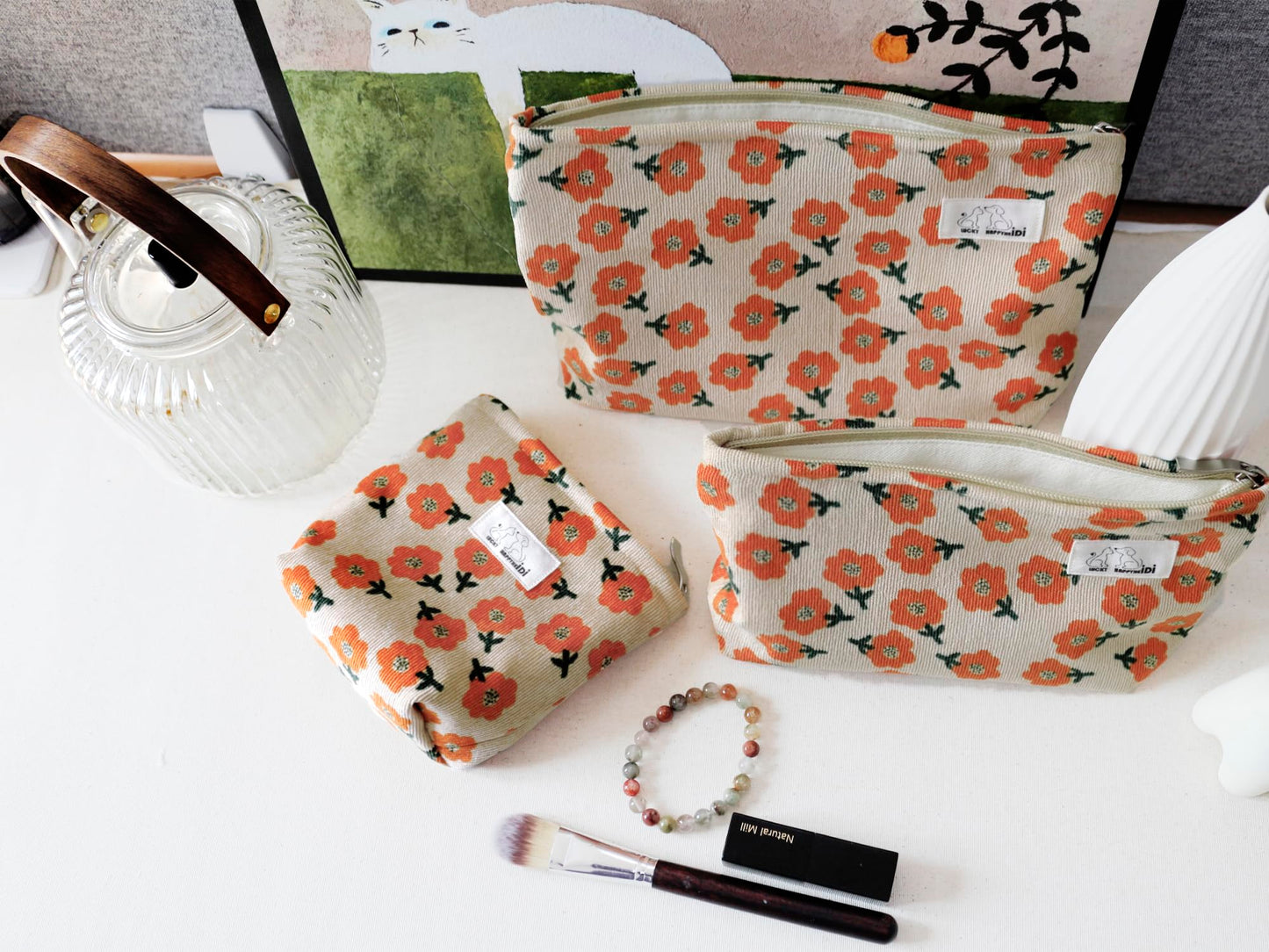 HAPPYHEIDI Makeup Bag Set 3 Cosmetic Toiletry Organizer Zipper Pouch for Purse Tote, Women Girls Gift, Large Medium Small, Beige Orange Floral Corduroy