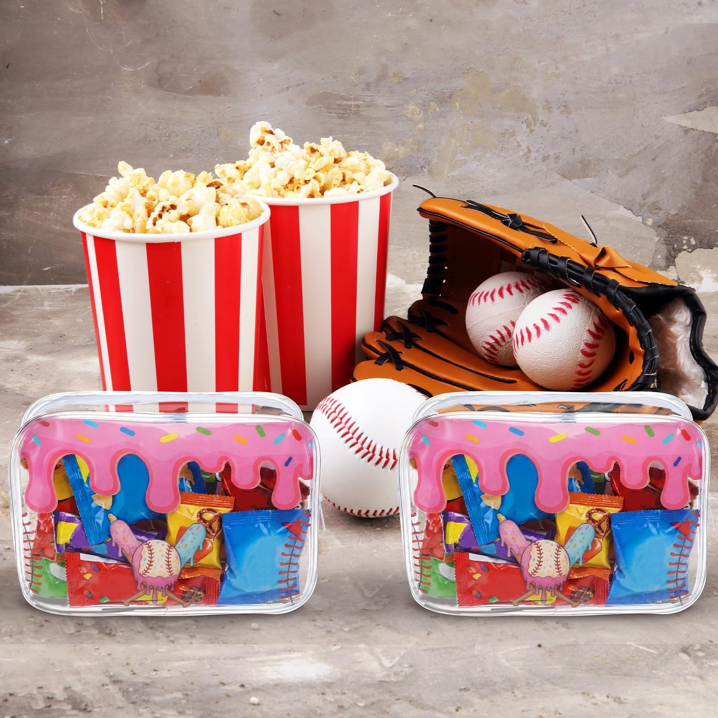 Sunnymove 12 Pcs Ice Cream Drip Baseball Snack Bags for Team Gifts 7 x 4.7 x 2.4'' Goodie Treat Candy Pouch Bags PVC Clear Waterproof with Zipper Party Favors for Travel Birthday Gifts Sport Supplies