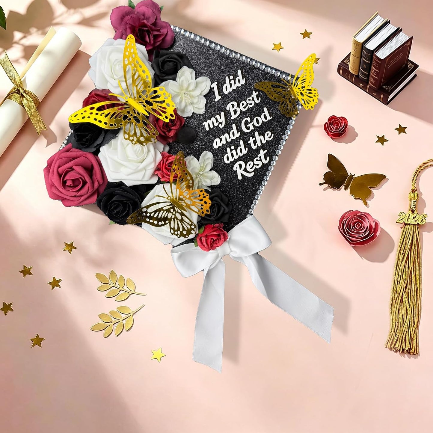 DIY Graduation Cap Decoration Kit - Faux Rose Flower Heads & 3D Butterfly Glitter Stickers | Black Grad Cap Topper