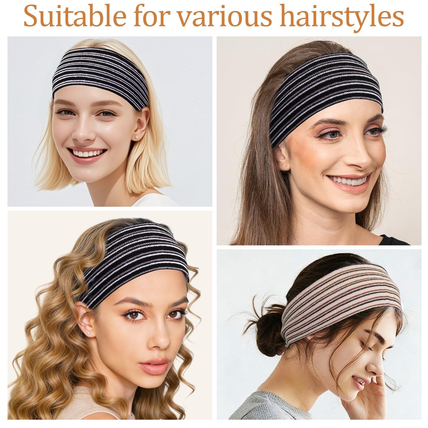 BLMHTWO 3PCS Striped Headbands for Women, Stretchy Elastic Head Bands Soft Fabric Hair Bands Wide Non Slip Head Band for Girls Work Out Yoga Fashion Running Sports (Black, beige)