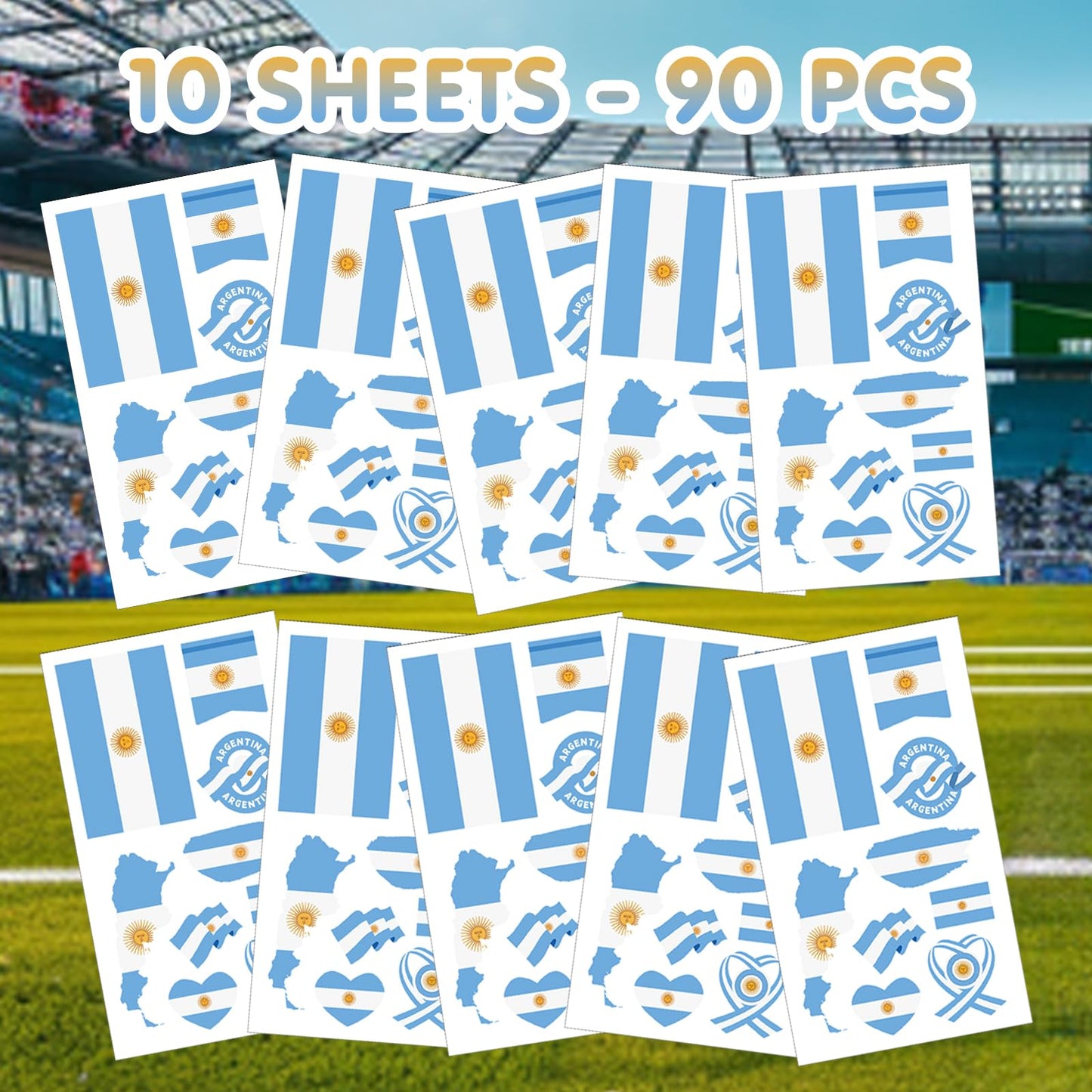 90 PCS Argentine Flag Temporary Tattoos for Adults Kids, 10 Sheets Argentina National Team Stickers, Waterproof Face Body Art for World Cup Soccer Events Fan Supplies