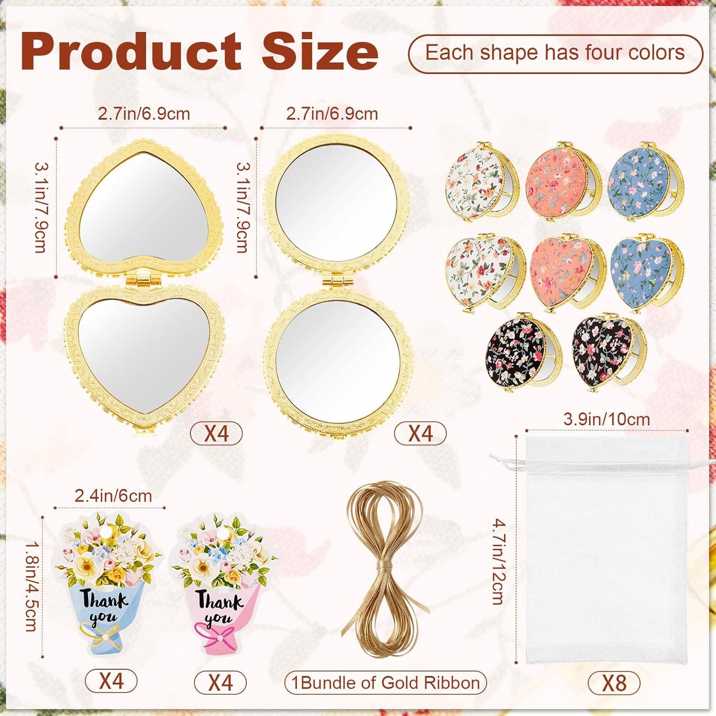 Compact Floral Pocket Mirror Set - 8 Gift Mirrors with Organza Bags & Thank You Cards | Perfect for Diwali, Weddings & Parties