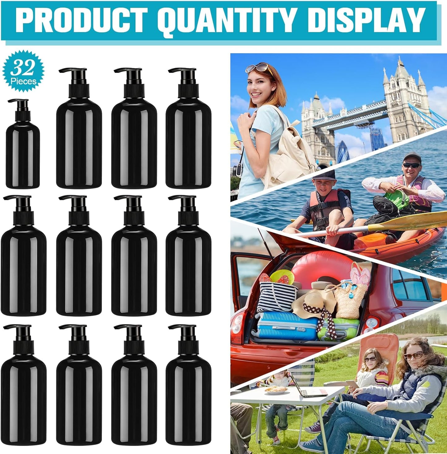 32 Pcs Empty 8oz Plastic Pump Bottles - Refillable Lotion Dispenser for Shampoo, Face Cream & Liquid Soap | Black