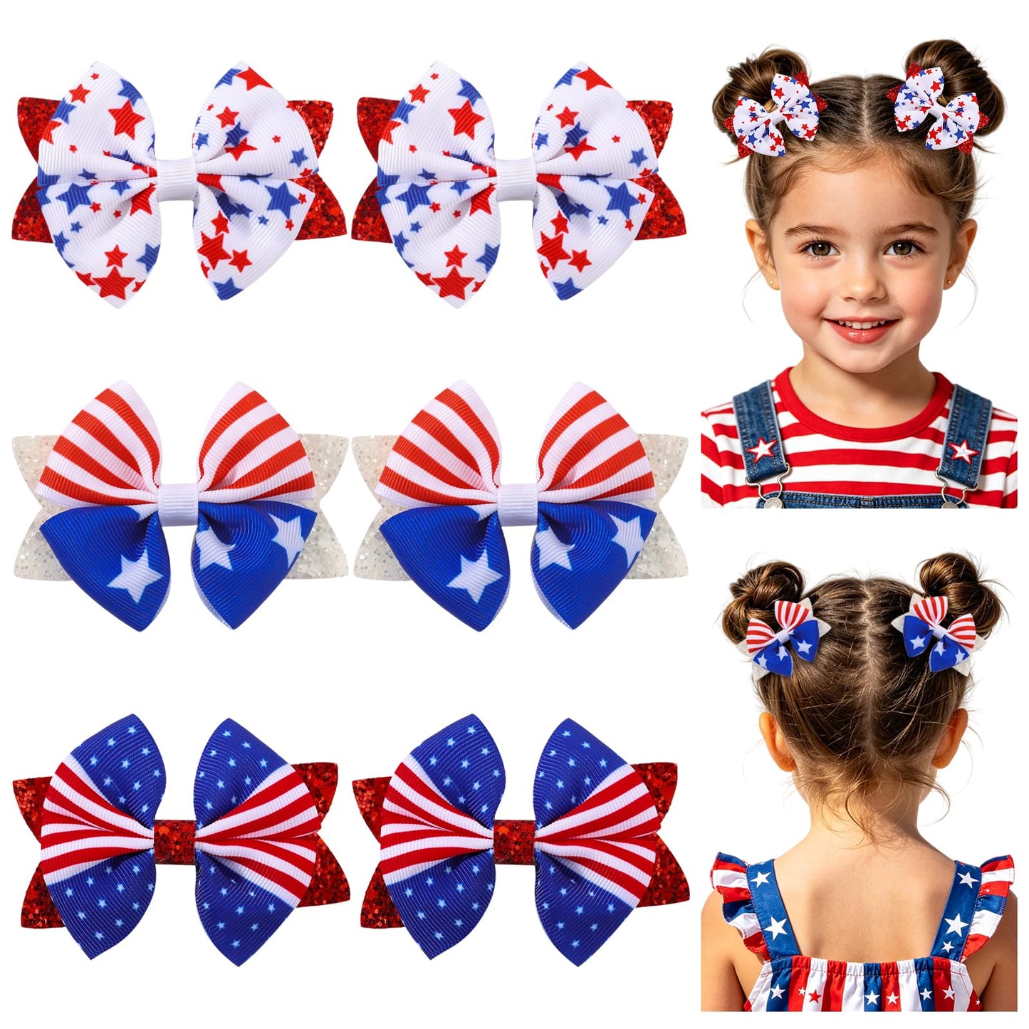 Jollybows 6pcs 4th of July Baby Hair Clips Girls Bows 2" Alligator Clip