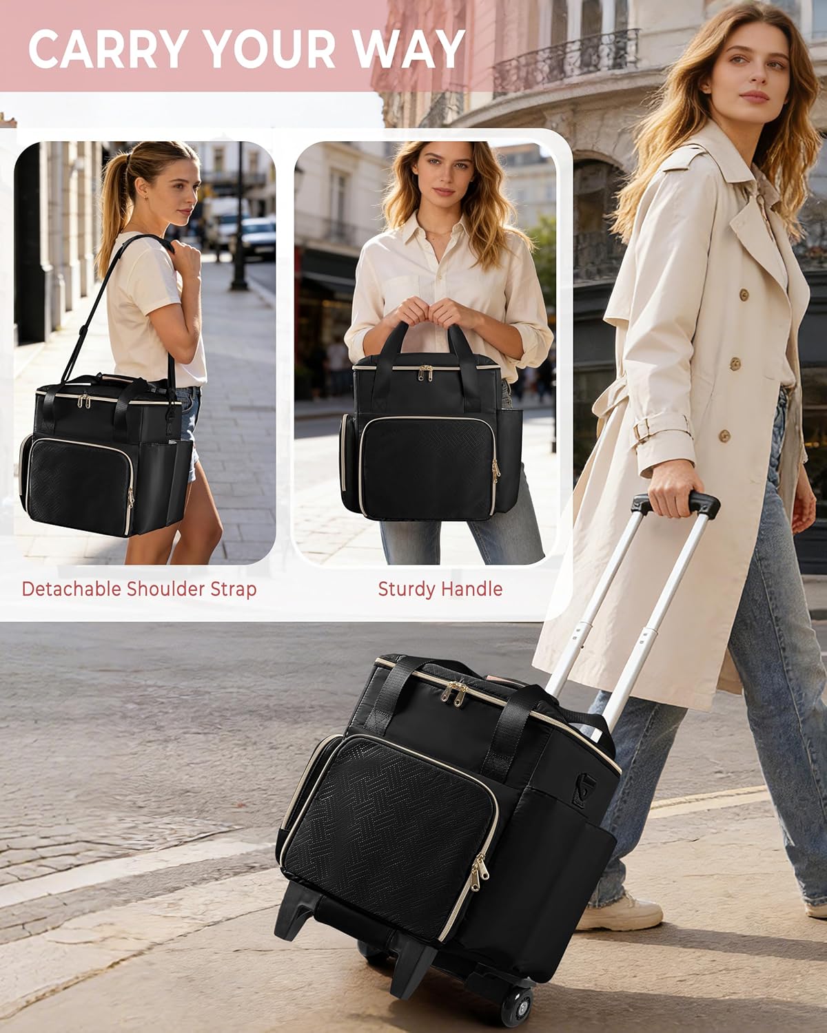Rolling Hairstylist Travel Bag - Hair Tool Bag with Heat Insulation & 2 Pouches | Black