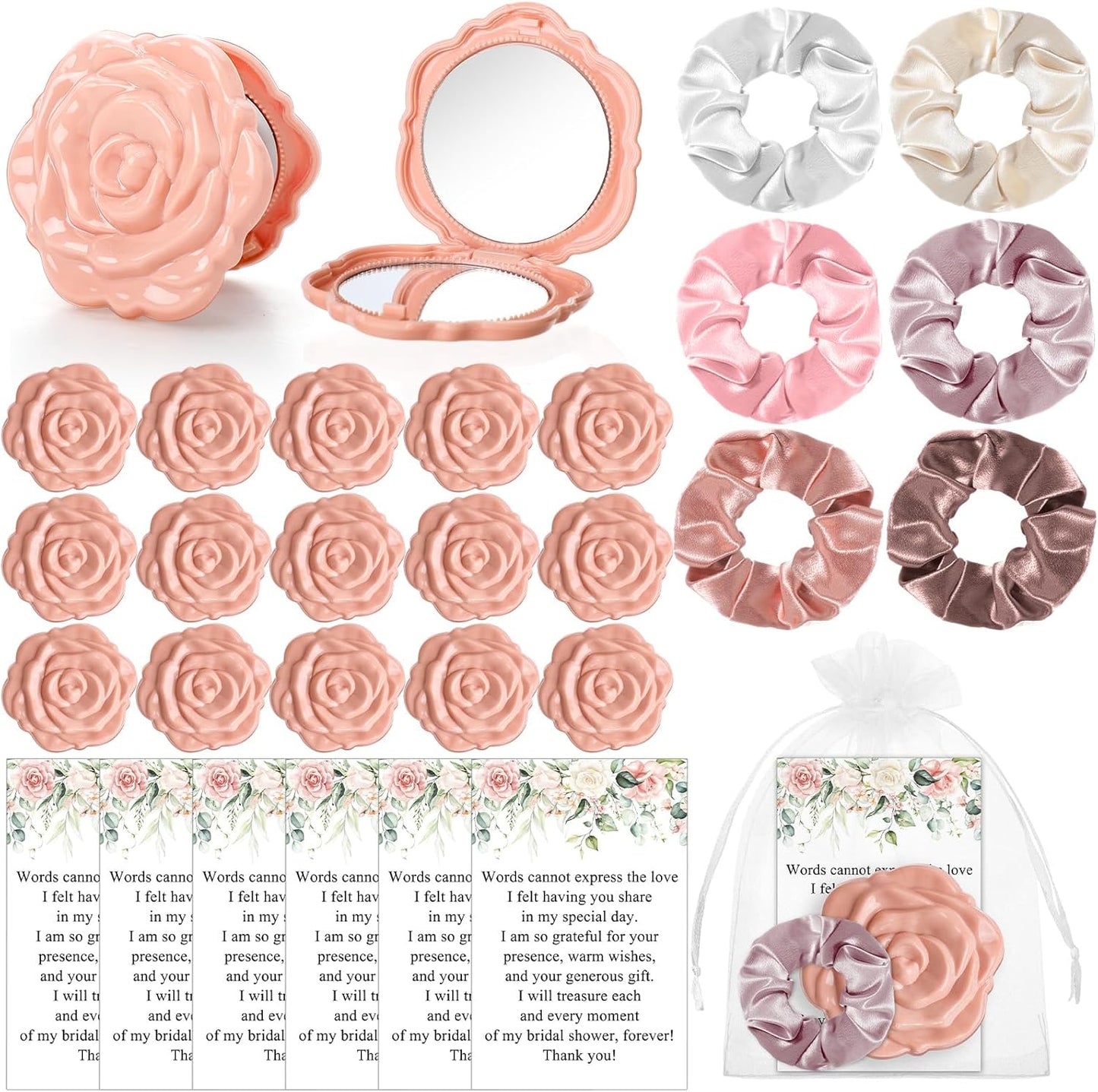 Rose Compact Mirror Set - 30 Bulk Bridal Shower Favors | Pink Souvenir Gifts with Hair Ties & Thank You Cards