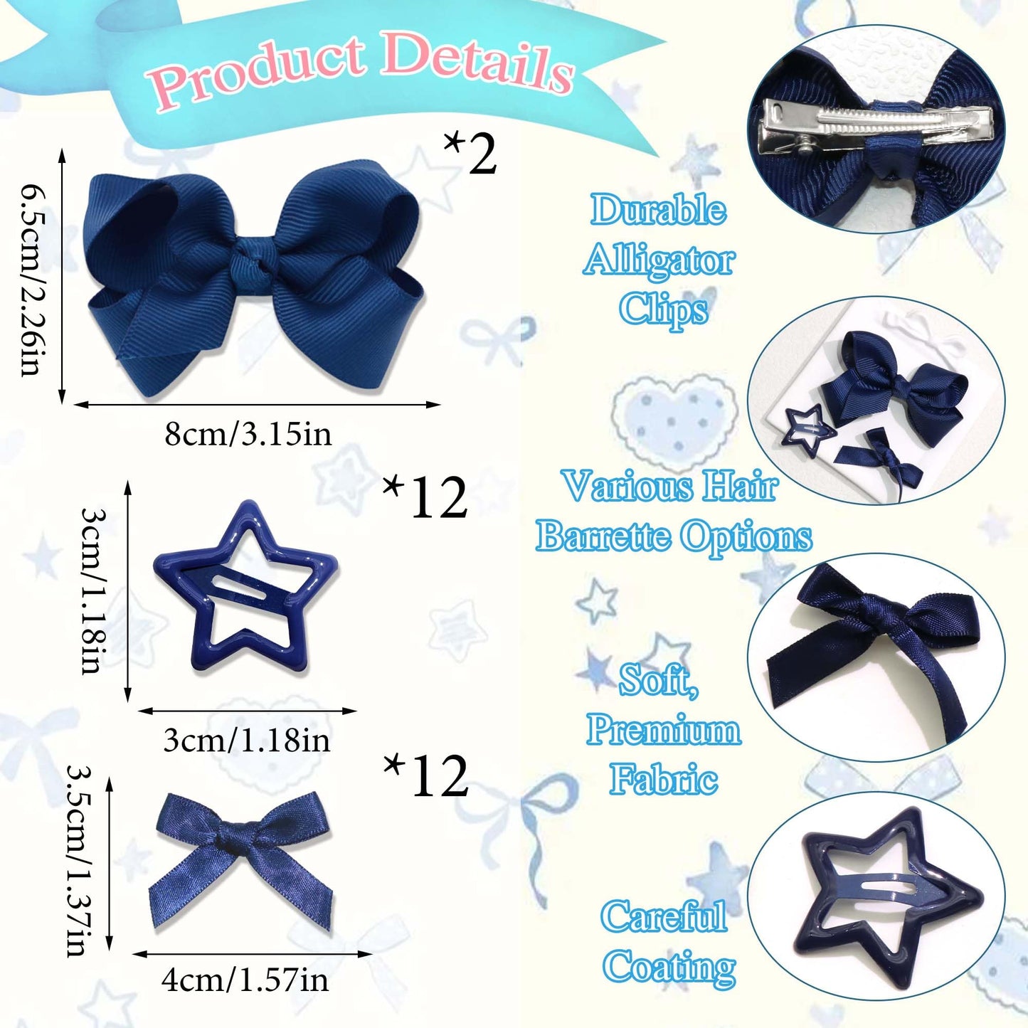 STGDAK Navy Blue Hair Bows Small Star Clips Cute Bow For Girls Grosgrain Ribbon Bow Clip Fashion Bows Barrette Easter Hair Accessories For Girls Toddlers Teens Women Party Prom Back To School 26 Pcs