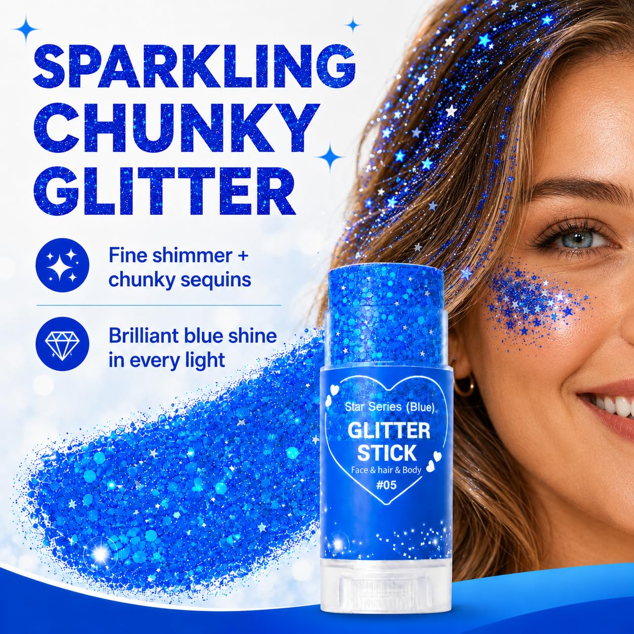 Blue Glitter Stick for Hair Face and Body, Blue Hair Glitter Makeup Stick with Chunky Sequins, Rave Carnival Concert Festival Accessories for Women, 4th of July Sports Game Day Glitter (05Blue)