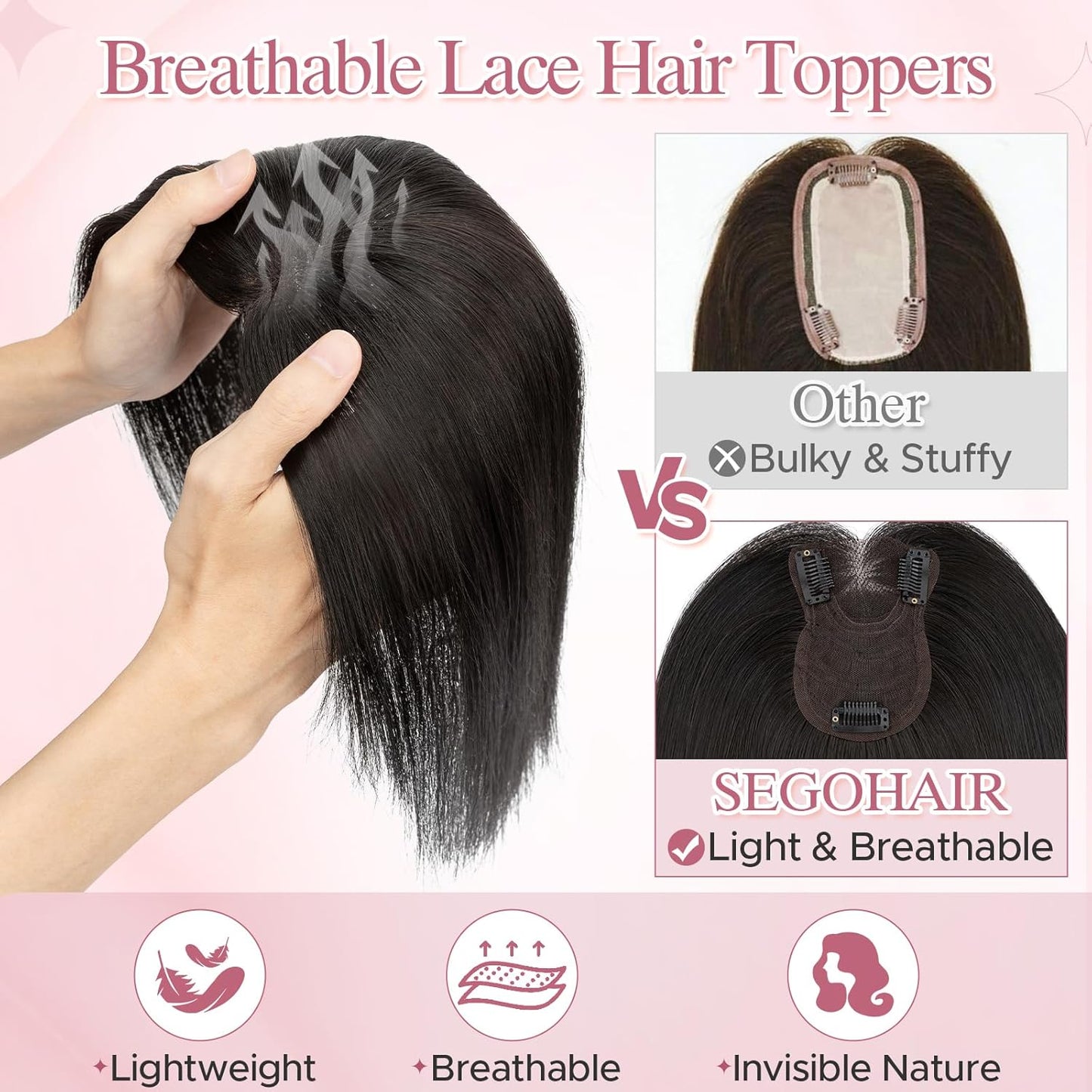 **Hair Toppers for Women - Real Human Hair with Curtain Bangs | 10-Inch Lace Base Clip-In Piece - #02 Dark Brown**