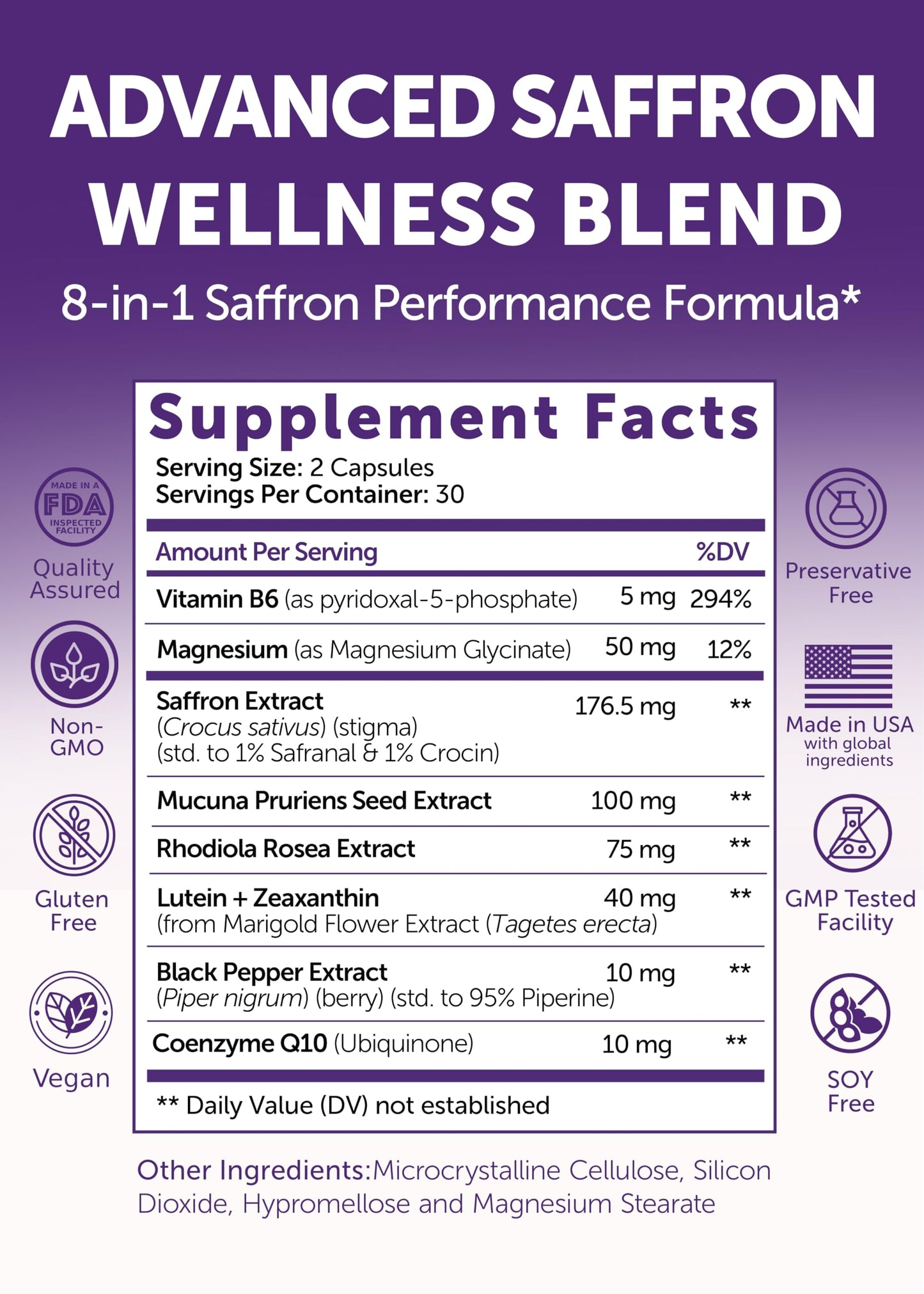 Lunakai USA Made Saffron Supplements for Women & Men 176mg – 8-in-1 Saffron Extract Capsules with Rhodiola & Mucuna for Daily Mood, Focus & Eye Support, Non-GMO, 60ct