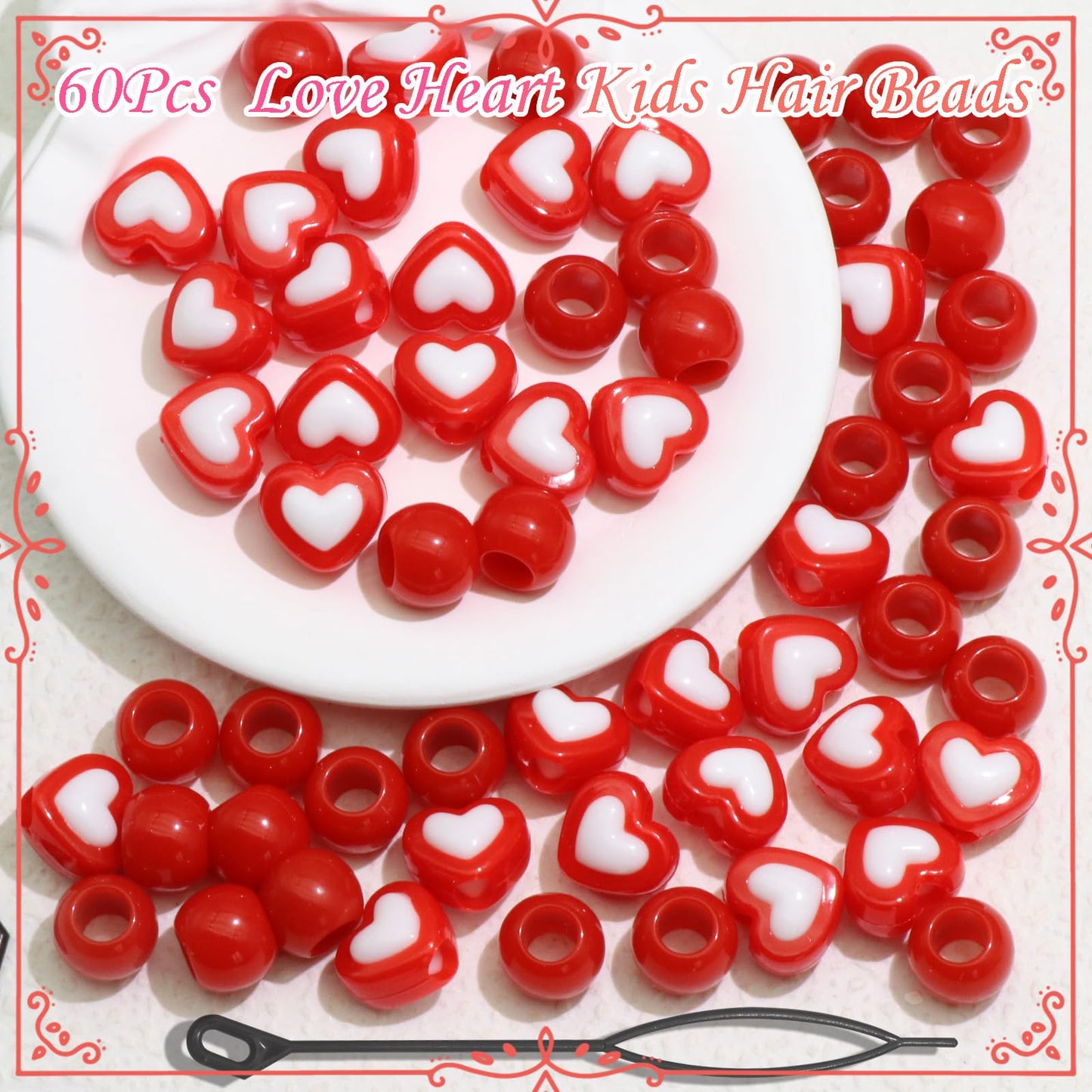 NAISKA 60PCS Valentine's Day Heart Hair Beads for Braids Red Pony Bead Loc Dreadlock Beads Kids Girls Acrylic Loc Jewelry Valentine's Day Hair Accessories
