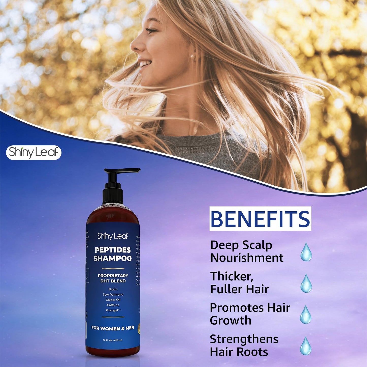 Shiny Leaf Peptide Shampoo for Thinning Hair, Biotin & Caffeine, 2 x 16 oz