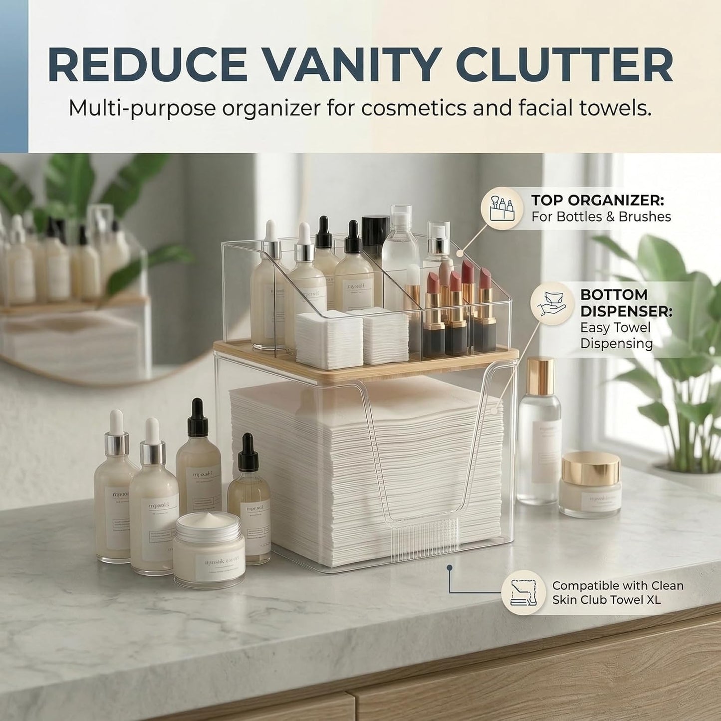 Disposable Facial Towels Holder - Bamboo Lid & Clear Acrylic Organizer | Stackable Vanity Storage for Clean Skin Club Towel XL