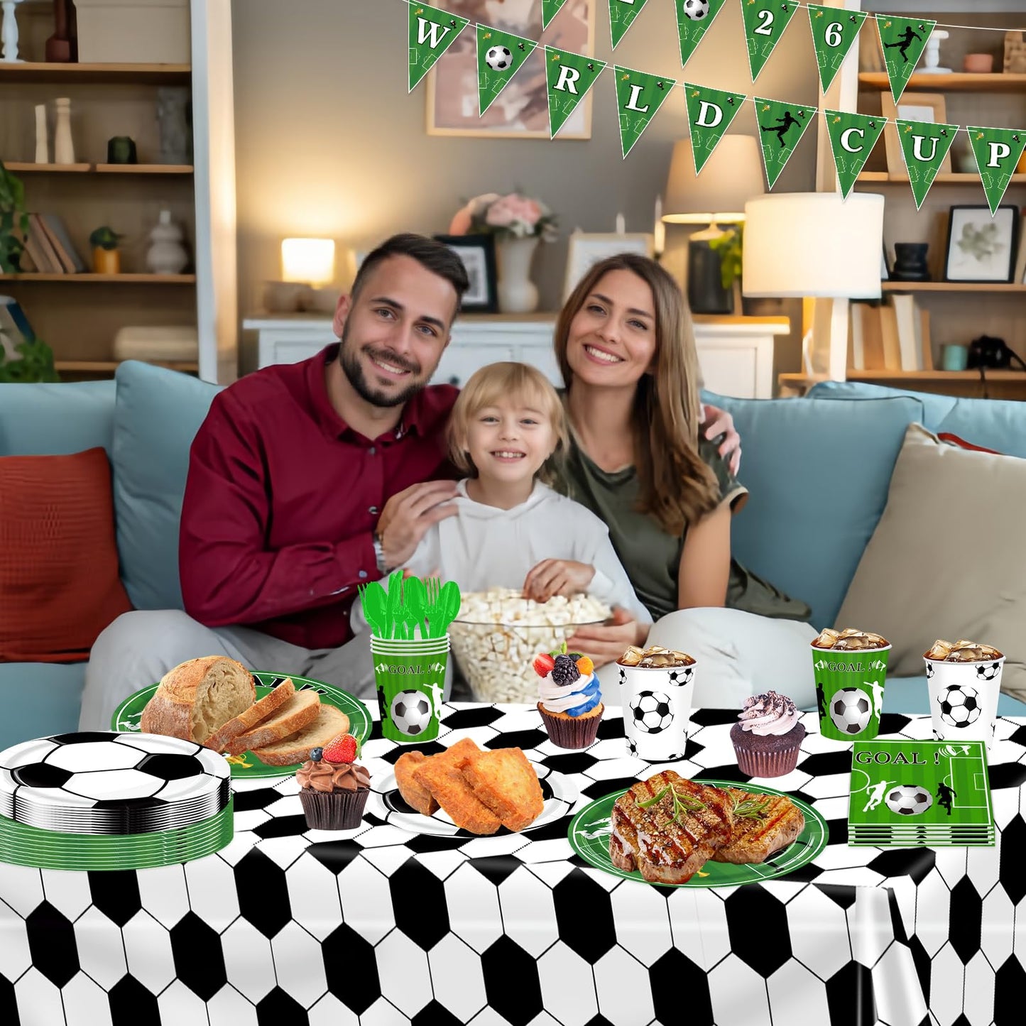 FLUEZE 172 Pcs Soccer Party Decorations, World Cup Party Decorations - Includes Tablecloth, Plate, Cup, Napkin, Banner, Knife, Fork, Spoons for Soccer Party Decorations (Soccer Party)