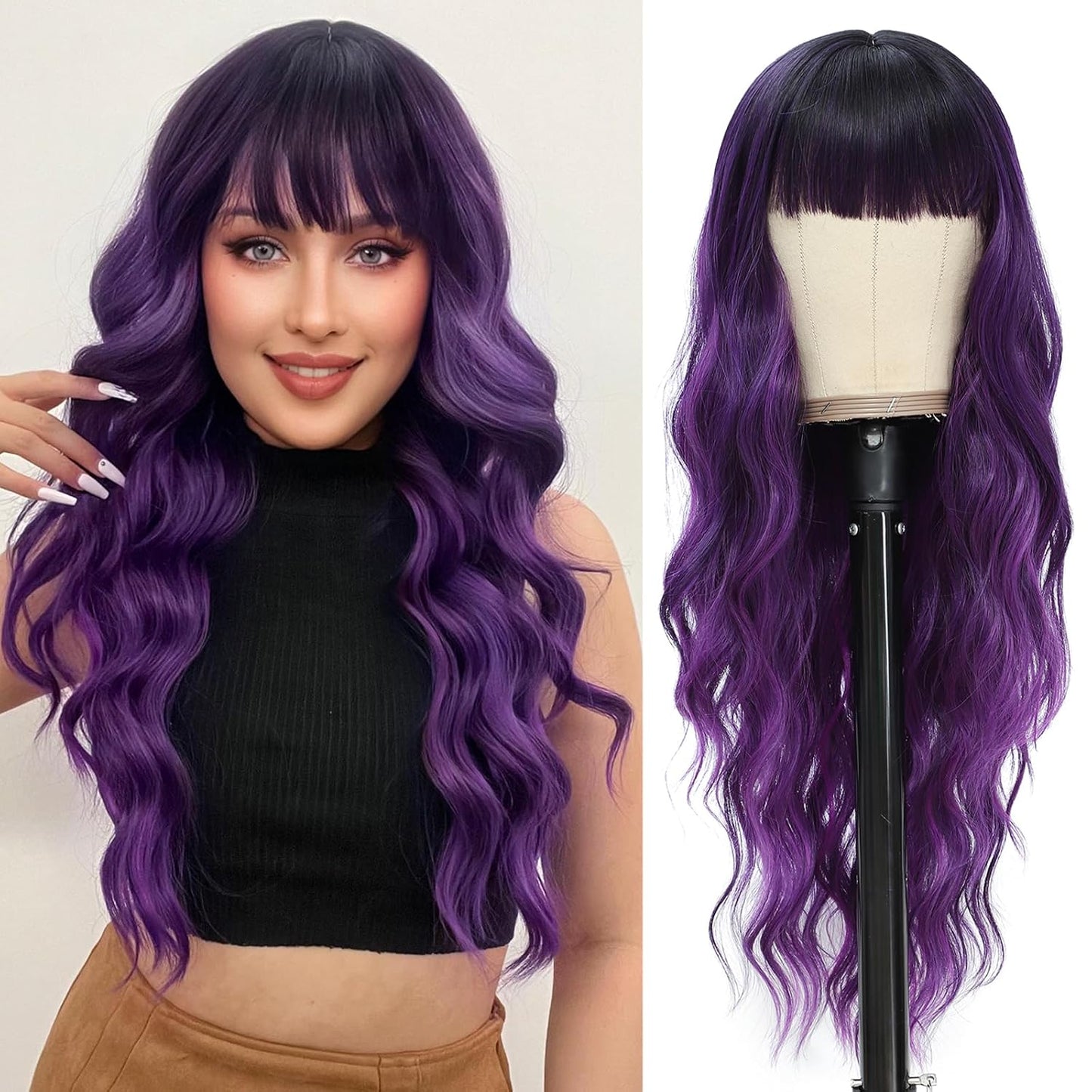 NAYOO Brown Wigs for Women - Long Curly Wavy Hair | Heat Resistant Synthetic Fiber, 24 Inches