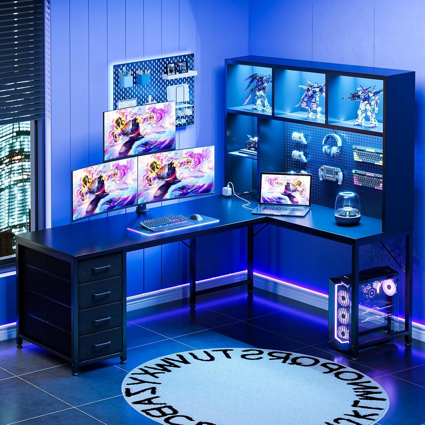 L Shaped Gaming Desk with Hutch - 63" PC Desk with LED Light & Power Outlets | Black