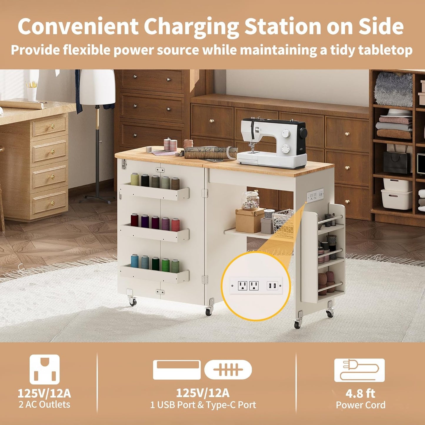 Sewing Table with Storage - Folding Design with Charging Station & Lockable Casters | White
