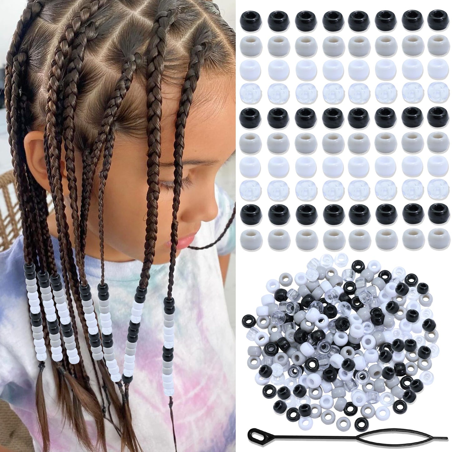 NAISKA 200PCS Black Pony Bead White Gray Hair Beads for Locs Small Flat Braids Beads 4 Colors Hair Accessories for Kids Girls Boys