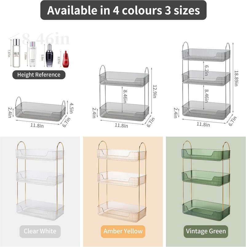 3-Tier Bathroom Organizer - Countertop Makeup & Perfume Tray | Skincare Storage for Vanity (Grey)
