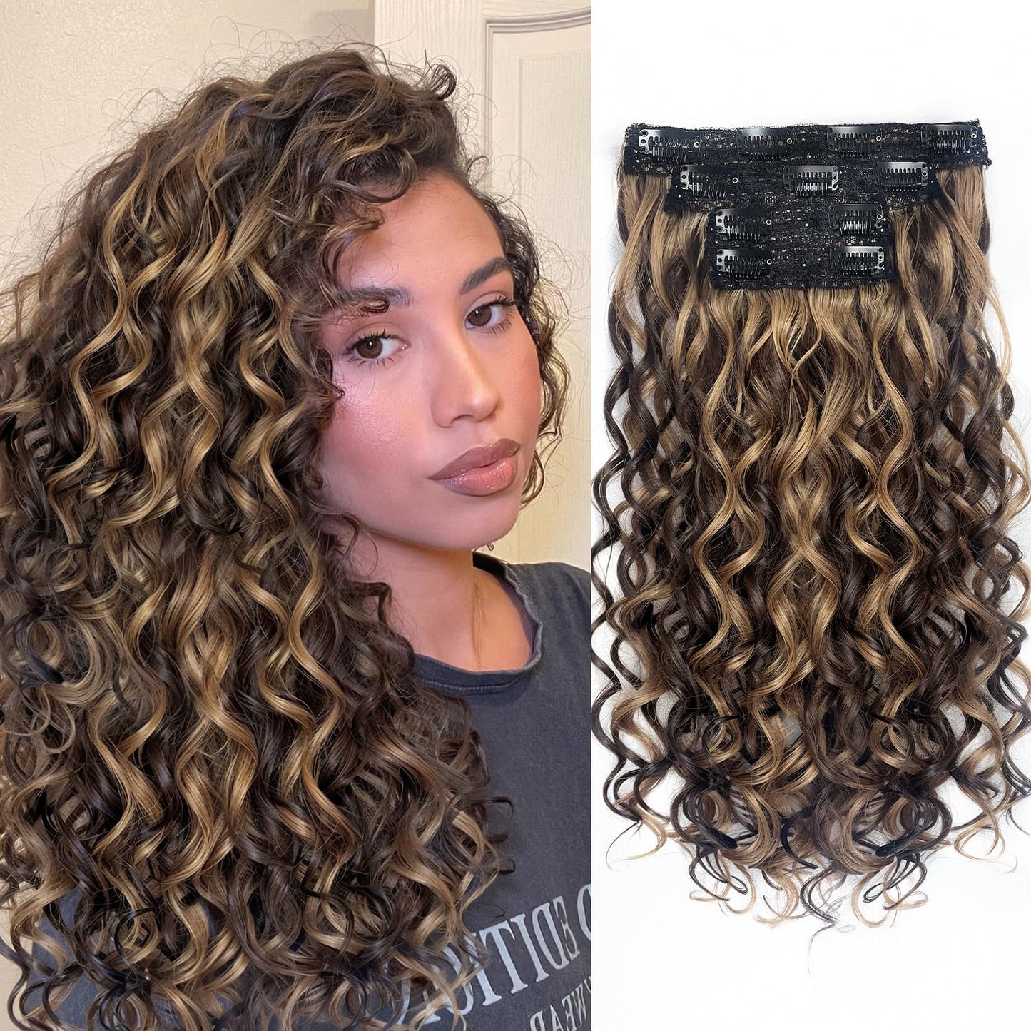 Curly Clip-In Hair Extensions - 20 Inch Thick Natural Synthetic Hairpieces | 4PCS Black