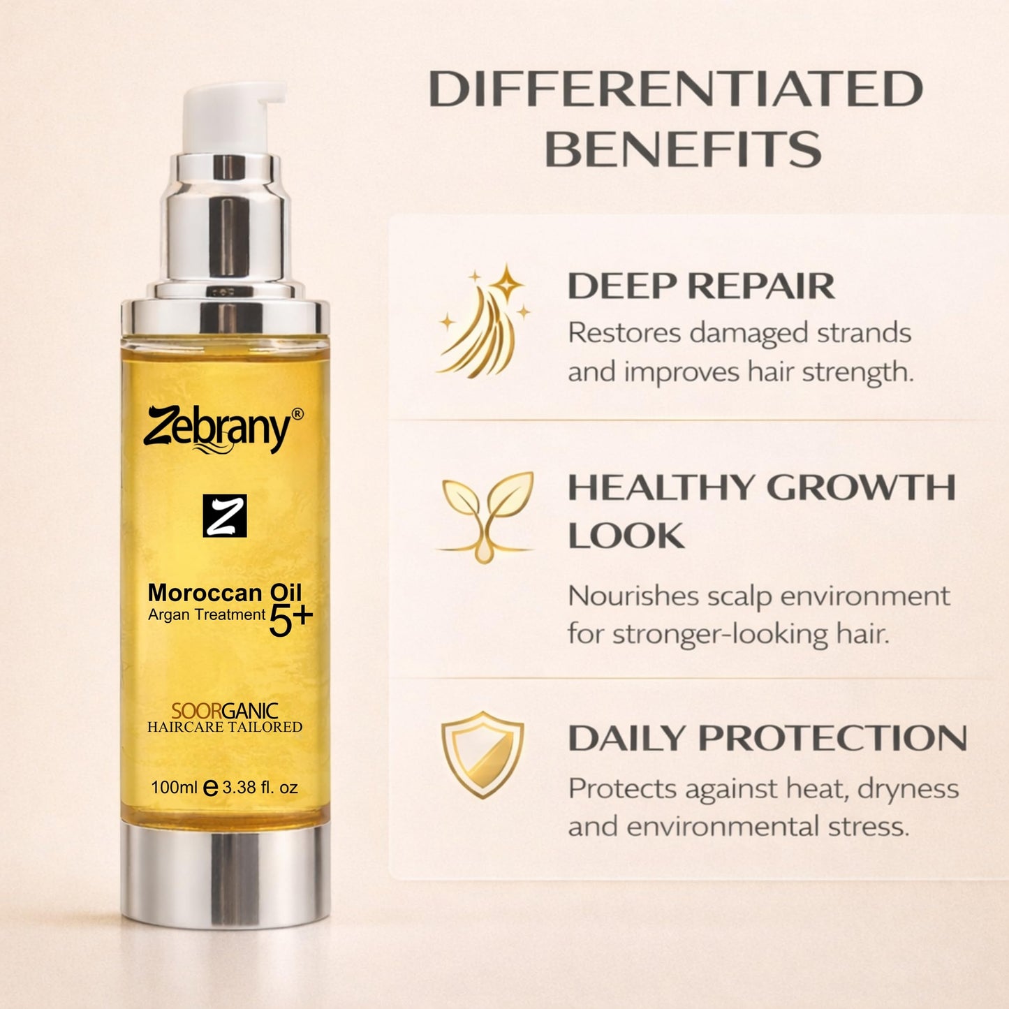Zebrany Moroccan Argan Oil Hair Serum, Leave-In Conditioner for Dry, Damaged & Frizzy Hair, Professional Heat Protectant, Deep Moisturizing Hair Treatment, Shine Booster, Day & Night Care, 3.38 Fl Oz
