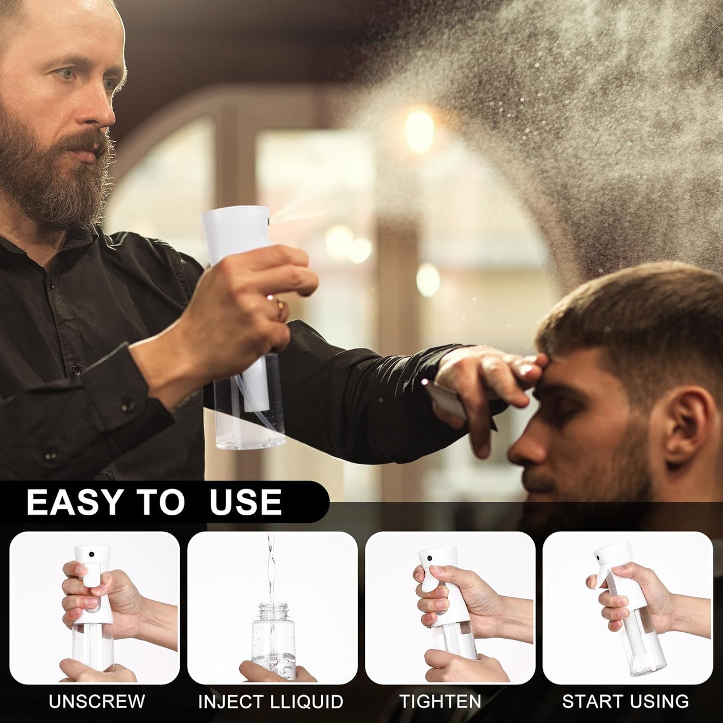 Continuous Spray Bottles for Hair - 200ml Reusable Mist Sprayer | Ideal for Hair Care, Plants & Cleaning (Black & White)