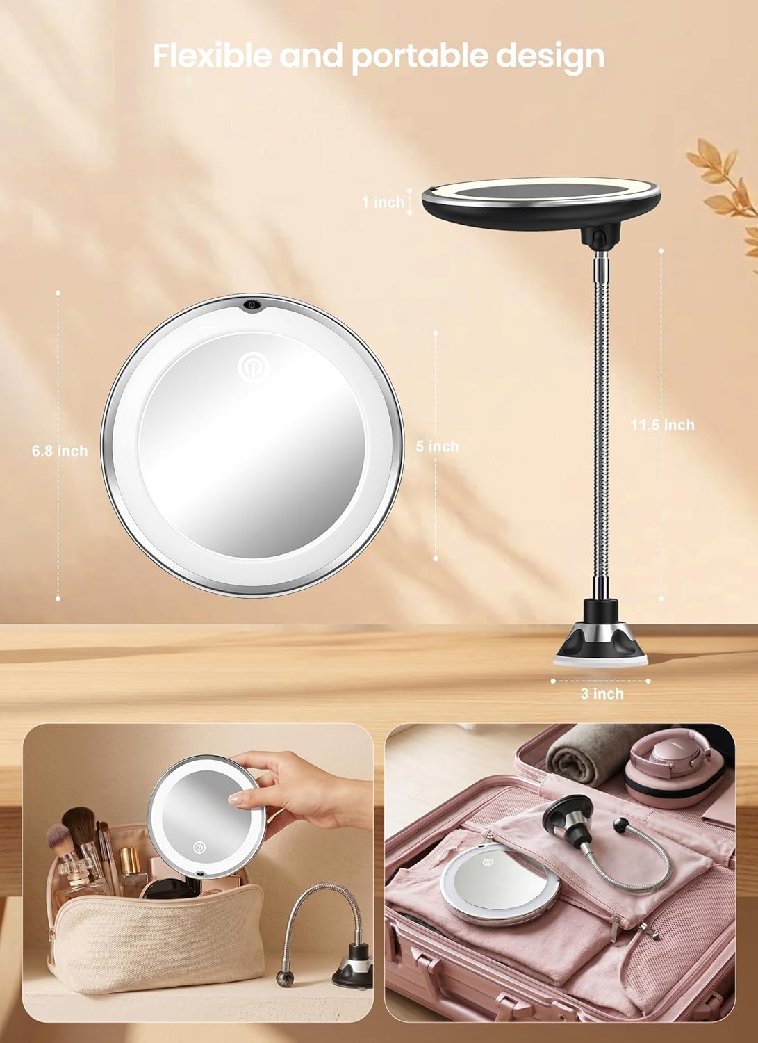 Brightown 10x Makeup Mirror - LED Lighted Magnifying Mirror with Adjustable Brightness | Black, Suction Cup Design