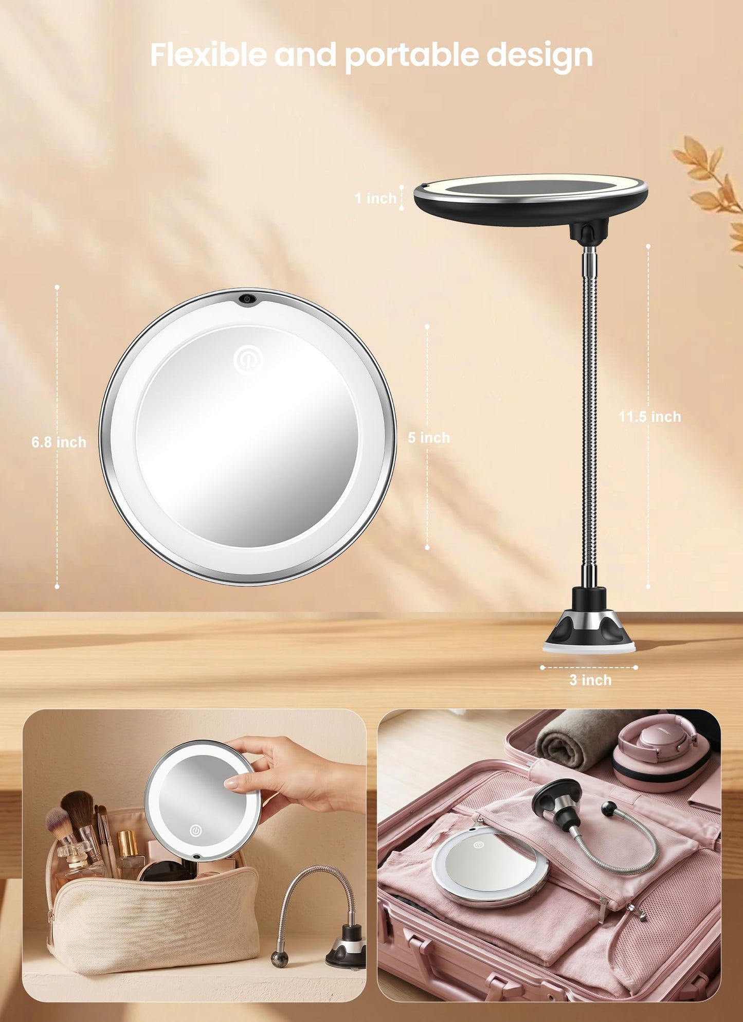 10x Makeup Mirror with Lights, Flexible Magnifying Mirror 3 Light Modes