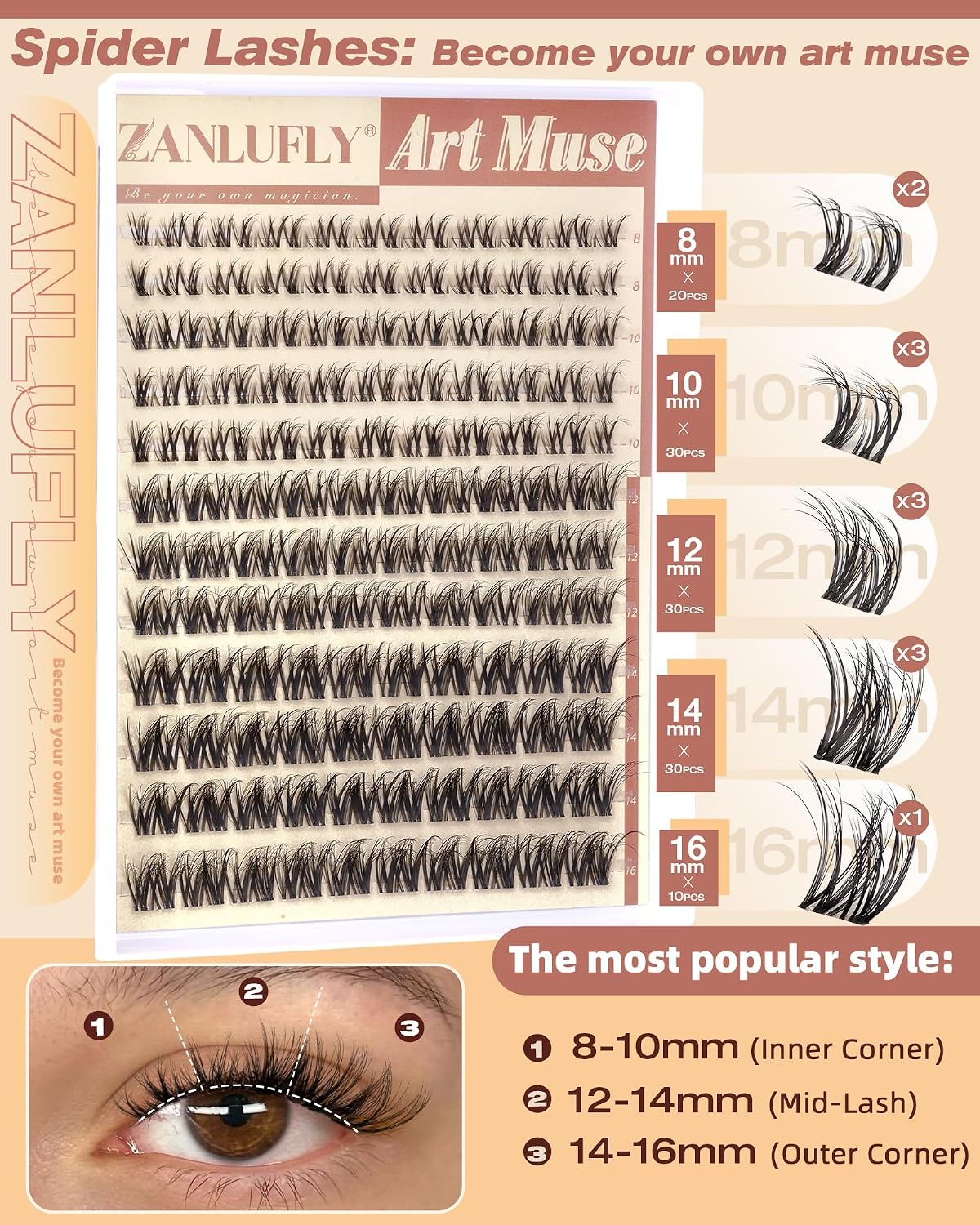 Spider Lash Clusters - Natural Wispy Eyelash Extensions | Light & Fluffy 8-16mm D Curly Lashes