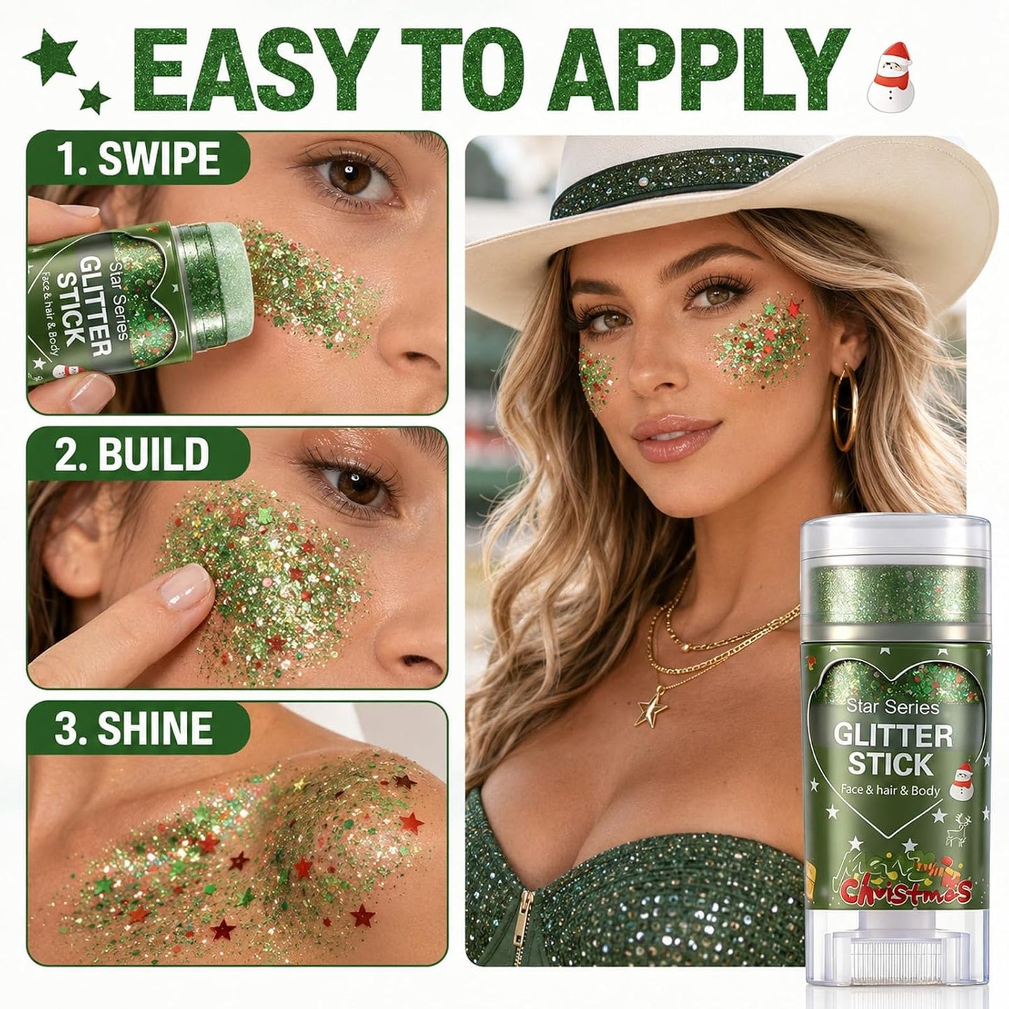 Brazil Face Glitter Stick - Green & Red Sweatproof Body Glitter for World Cup, Saint Patrick’s Day | Party Accessory