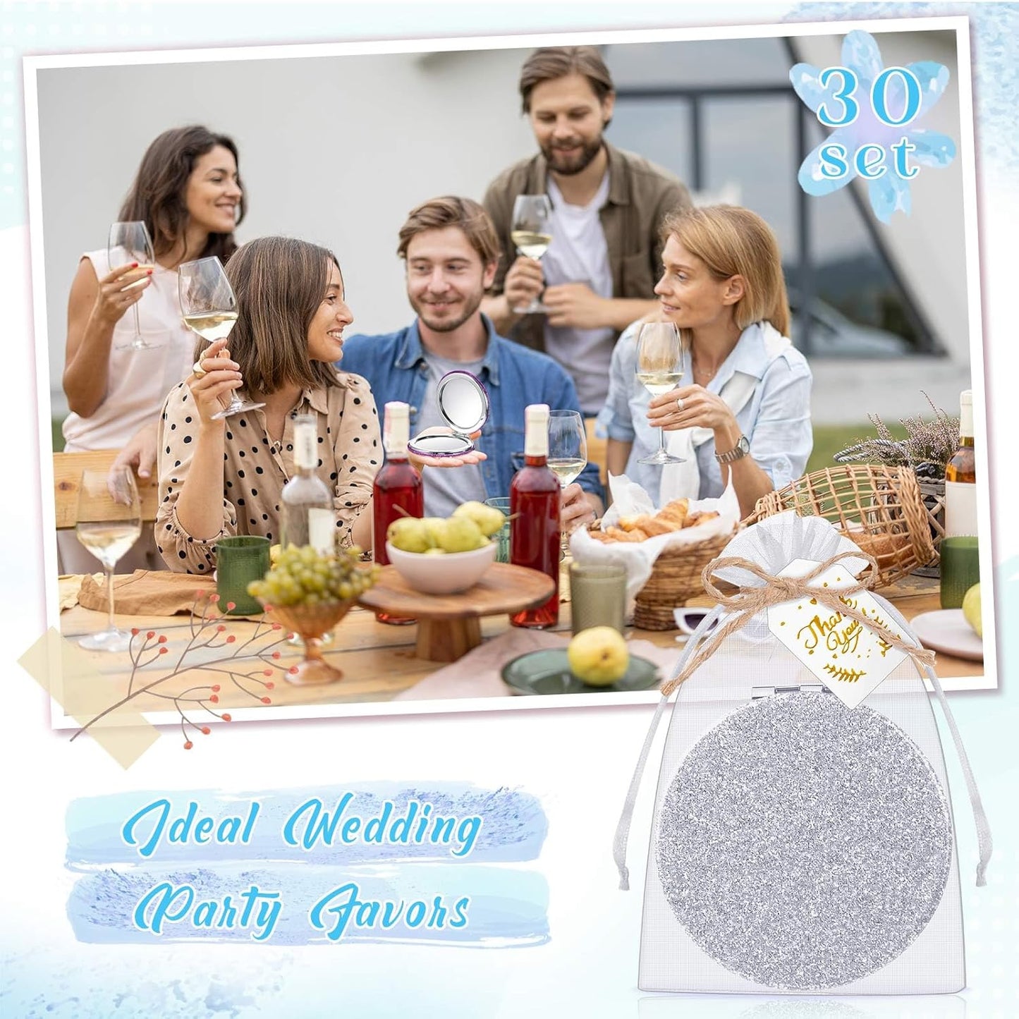 Compact Magnifying Mirrors - 30 Sets with Thank You Cards | Quinceanera Party Favors, Bridal Shower Gifts, Silver