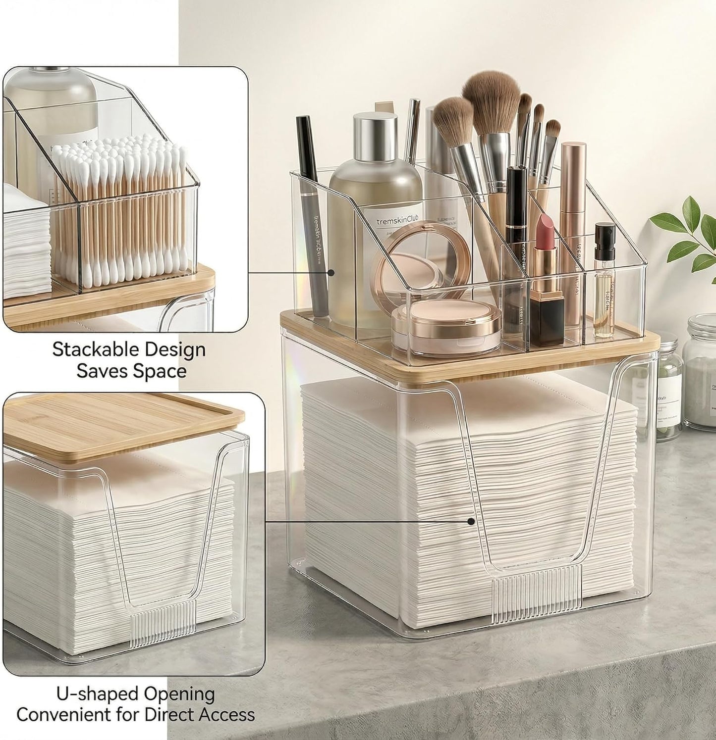 Disposable Facial Towels Holder - Bamboo Lid & Clear Acrylic Organizer | Stackable Vanity Storage for Clean Skin Club Towel XL