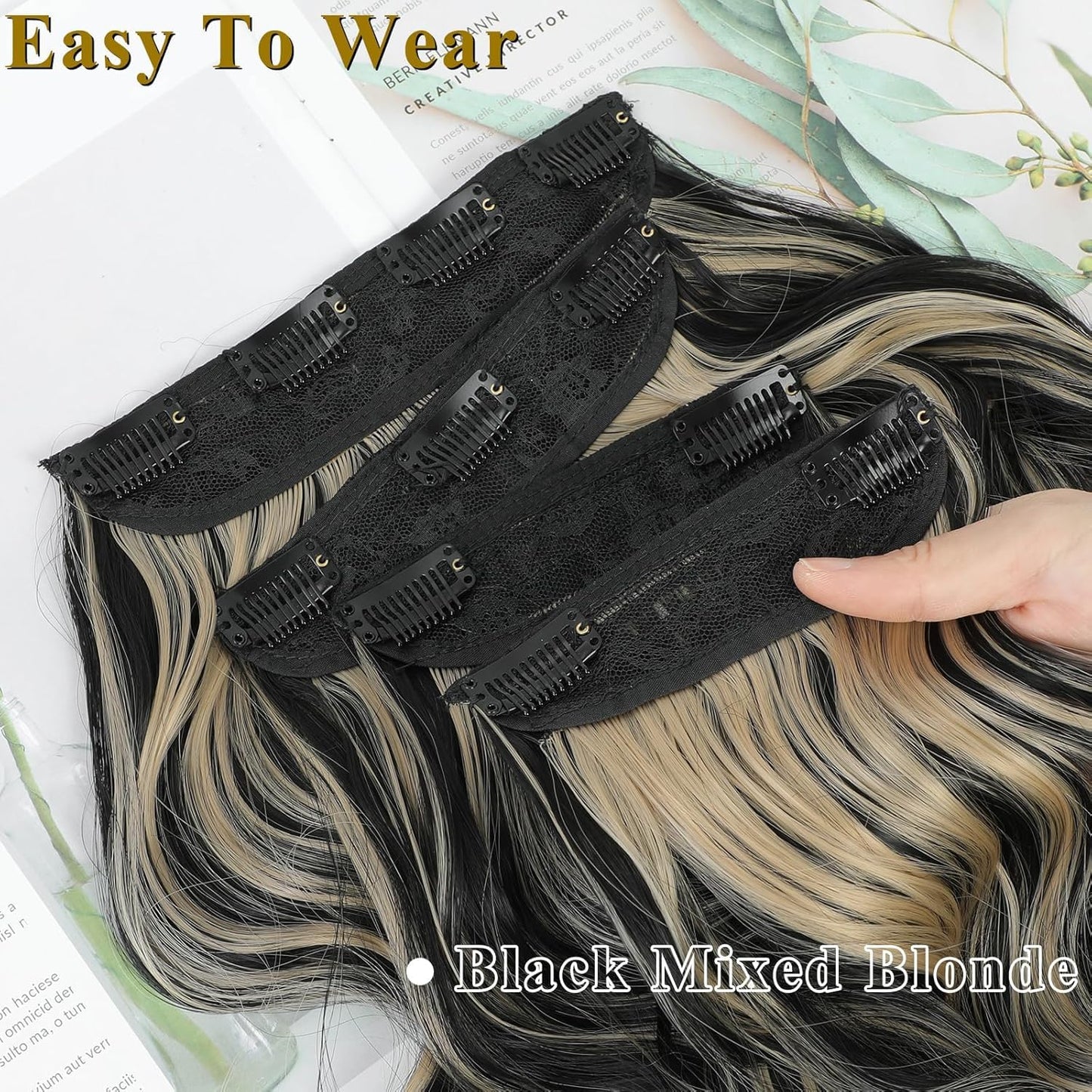20” Black Clip in Hair Extensions Long Wavy Synthetic Extensions for Women