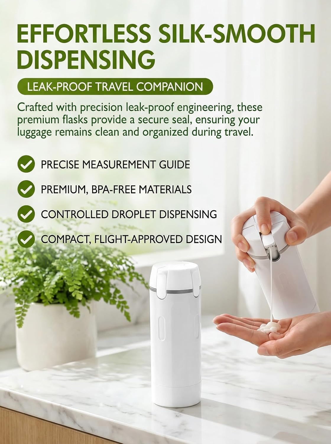 Travel Dispenser Bottle - 4-in-1 Leak-Proof TSA Approved Toiletry Container | Portable Hard Shell with Scale & Labels (White)