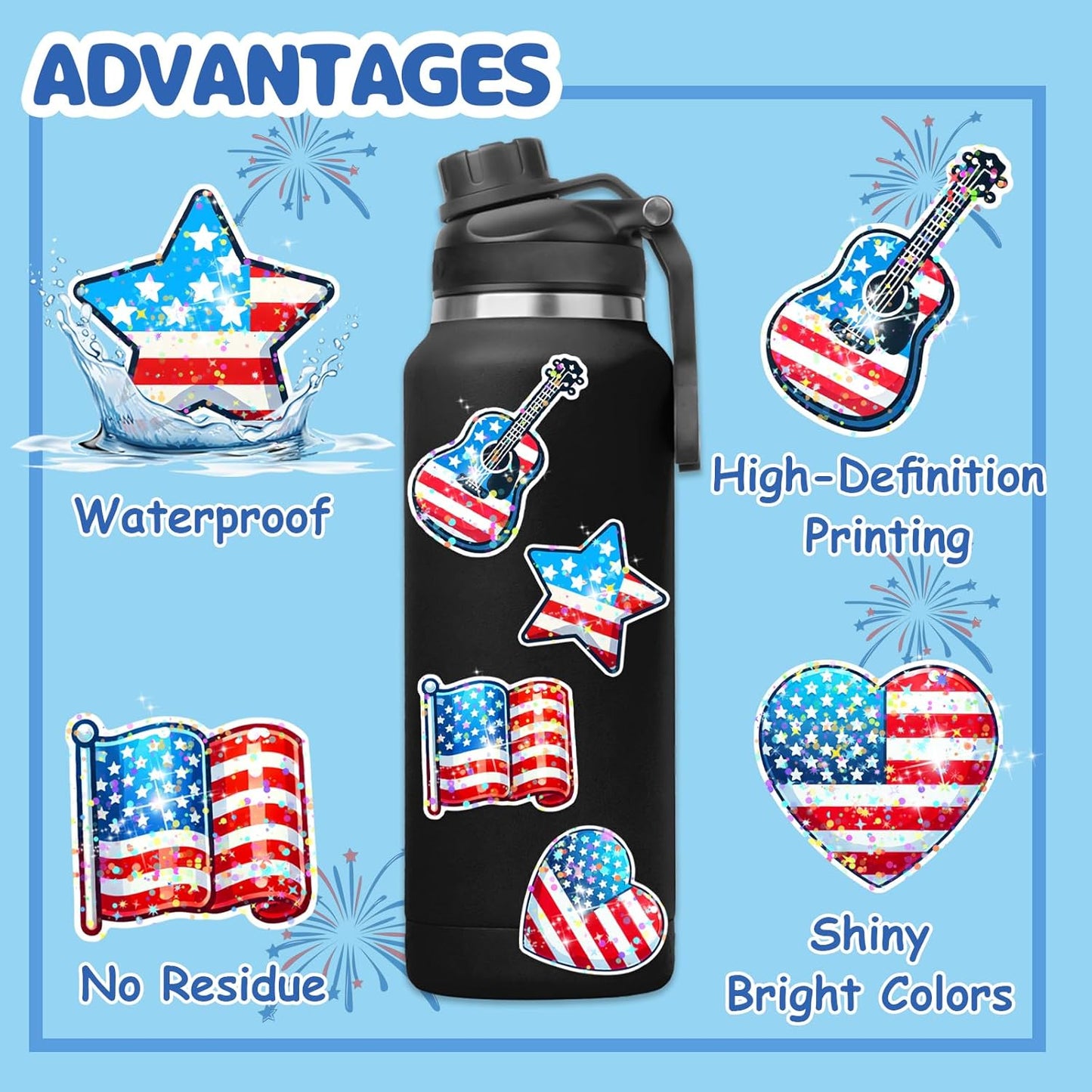 4th of July Waterproof Vinyl Glitter Stickers - Patriotic Holographic Decorations for Water Bottles, Laptops & More | 100 Pcs
