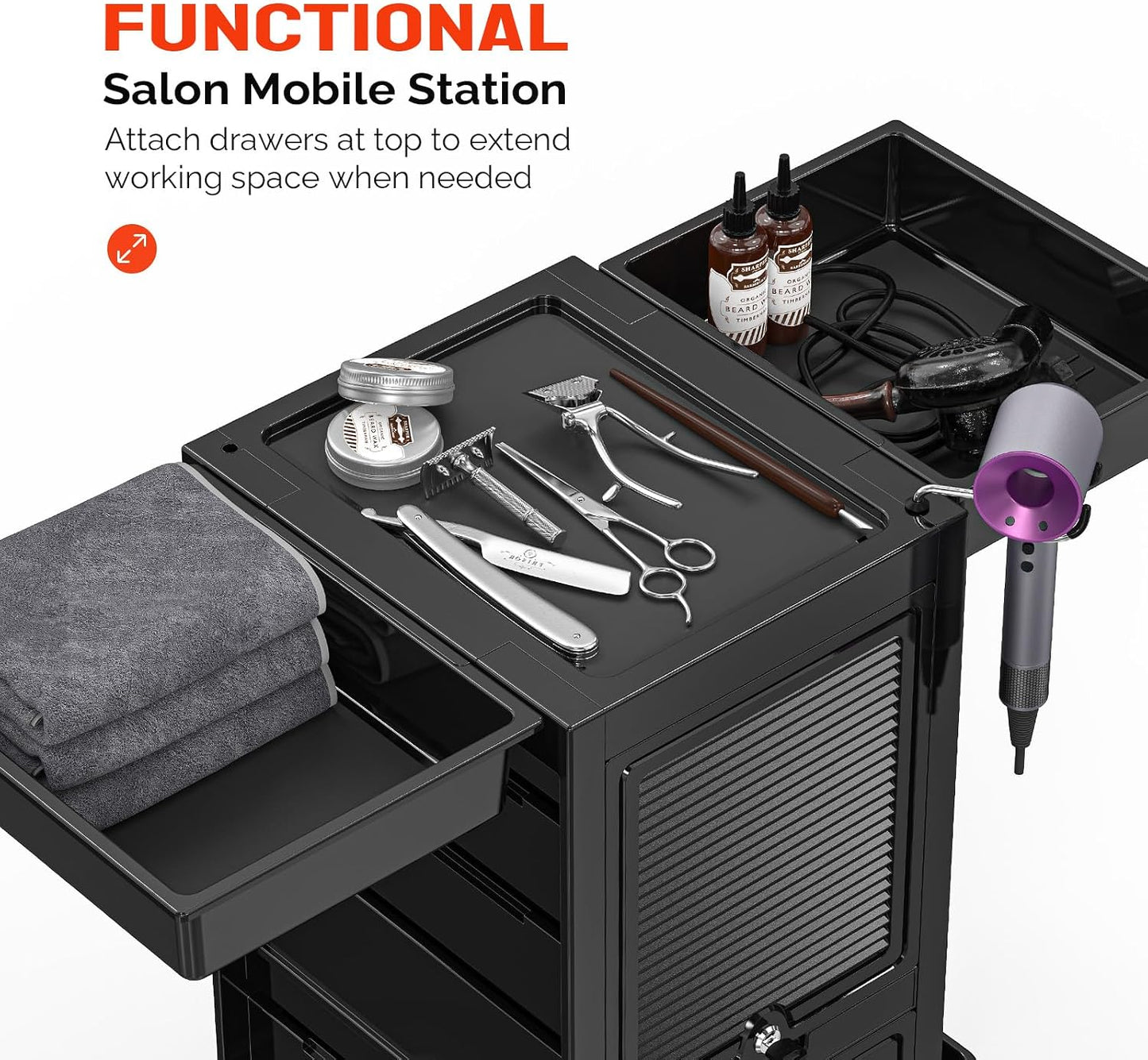 OmySalon Salon Trolley Cart - Rolling Hair Stylist Station with 2 Lockable Doors | Organizer with Drawers & Dryer Holder