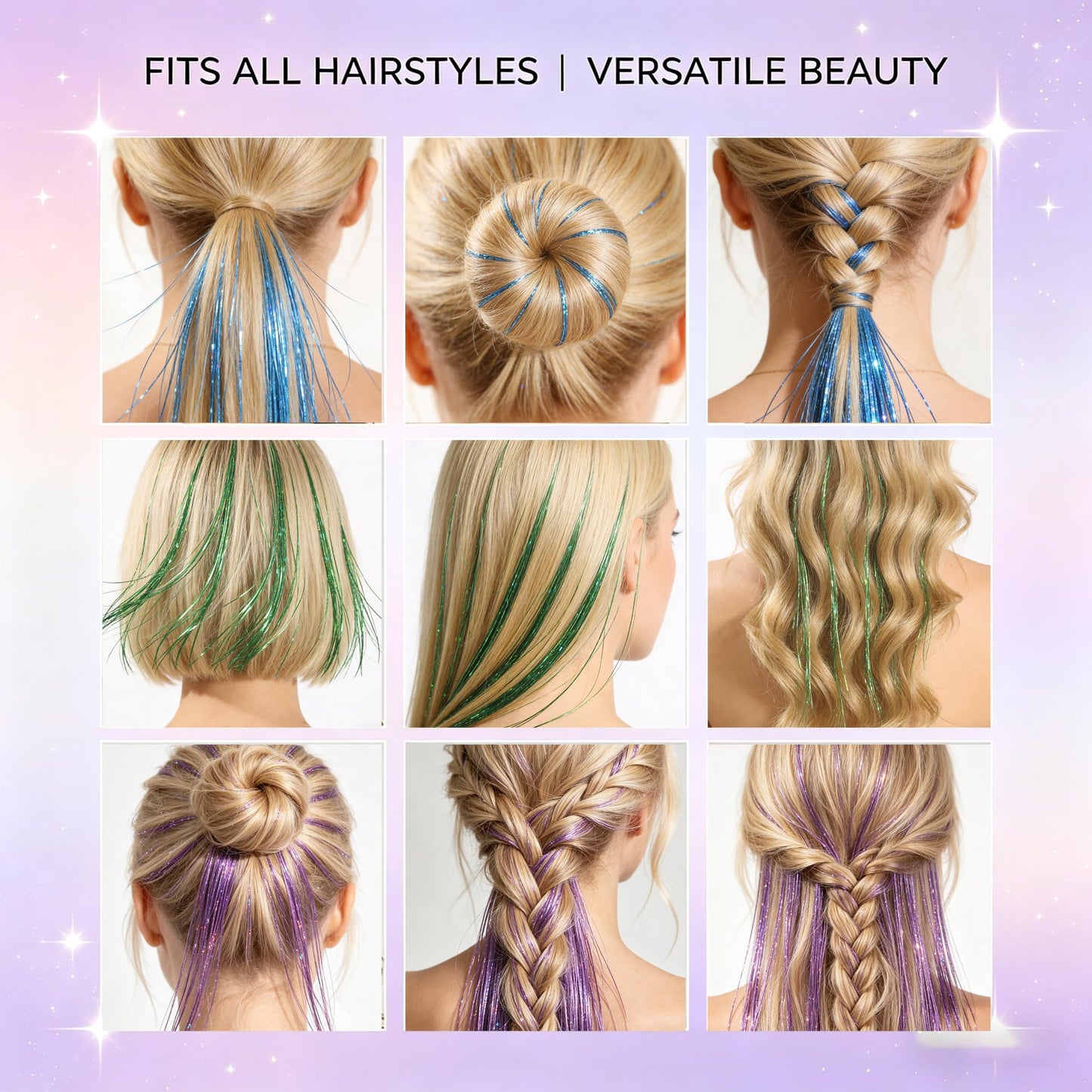 CELINABELLA Clip In Hair Tinsel 12 Pack 3 Colors Emerald Aqua Midnight Orchid 23 Inch 70 Strands Heat Resistant 320°F Invisible Light Brown Clips For Women Teens Party Festival Daily Hairstyles