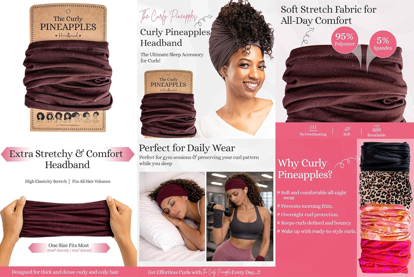 Curly Hair Headbands for Women - Stretchy Non-Slip Wide Yoga Bands | Chocolate Brown, Adult Size