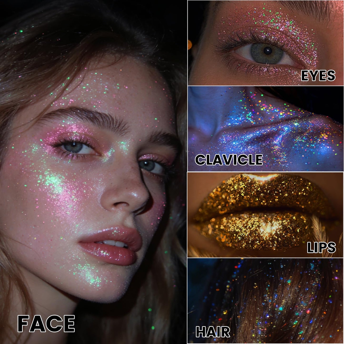 CAHOTO Pastel Rolling Glitter, Shimmer Gel for Face Body & Hair, Sparkling Holographic Roll-on Sequins for Singer Concert Rave Festival Halloween Party Carnival, 1.7 fl.oz.