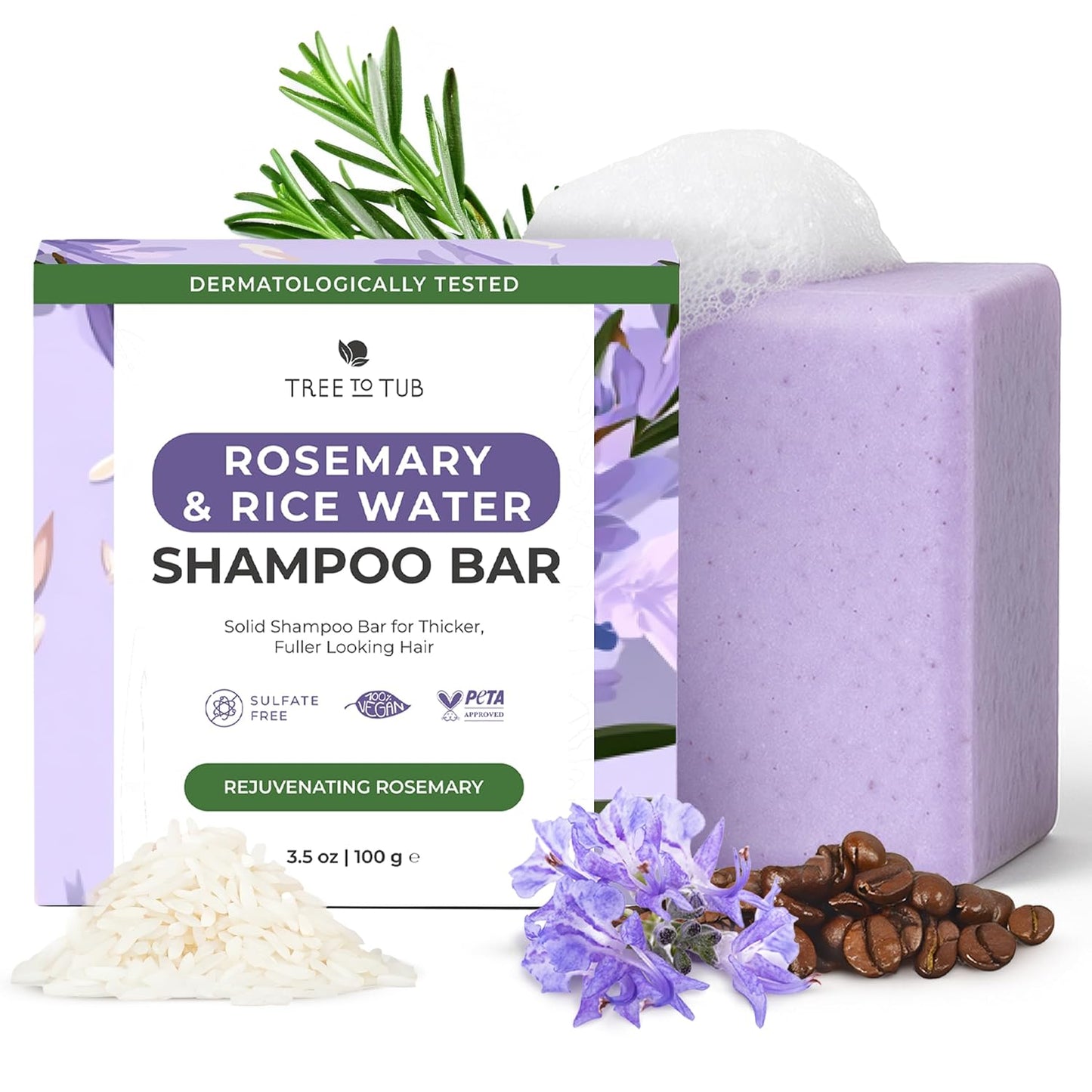 Rosemary Rice Water Shampoo Bar - Sulfate-Free Solid Shampoo with Caffeine & Biotin | Plastic-Free, Strengthens Thinning Hair