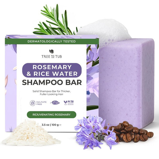 Tree To Tub Rosemary Rice Water Shampoo Bar - Sulfate-Free Strengthening Solid Shampoo with Caffeine & Biotin – Plastic-Free Hair Soap for Thicker-Looking Hair, Natural & Suitable for Sensitive Scalp