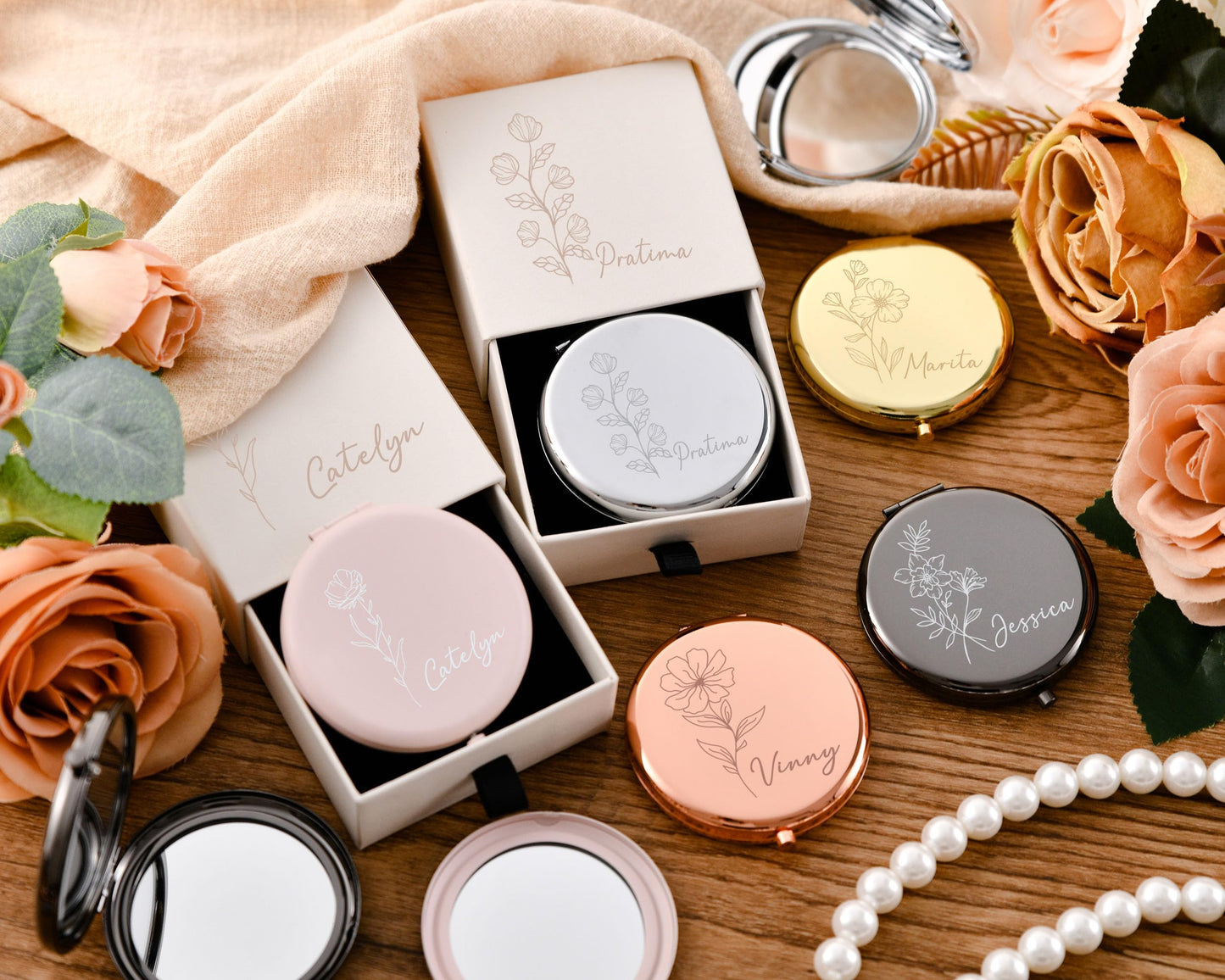 Personalized Bridesmaids Mini Makeup Mirror - Custom Engraved Wedding Favor - Elegant Compact Mirror -Bridal Party Gifts Bridesmaids Gifts