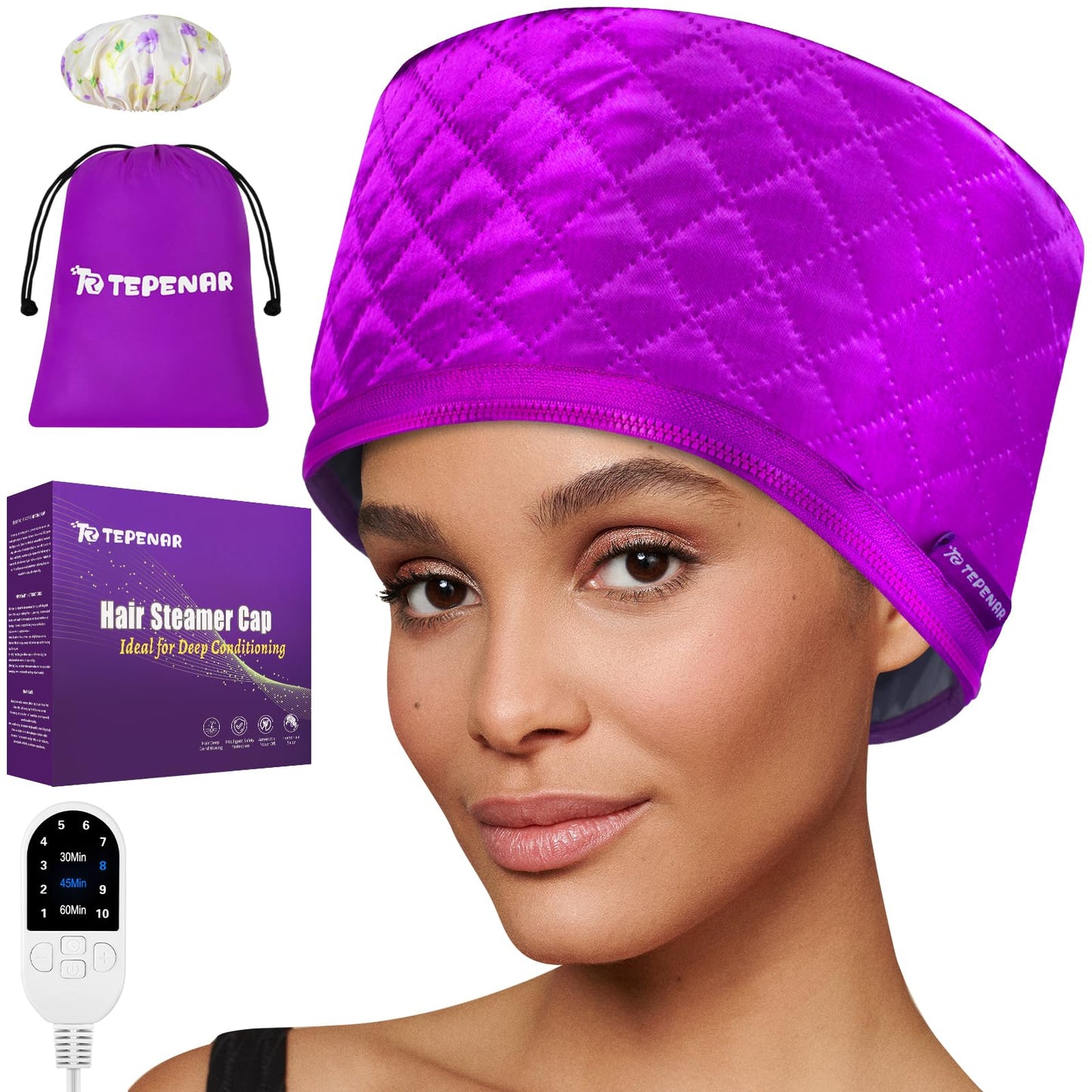 TEPENAR Hair Steamer for Deep Conditioning: Upgraded Heat Cap with 10-Level Fast Heating 3 Time Settings for Natural Hair Portable Thermal Steam Cap for Home Hair Treatment - Purple