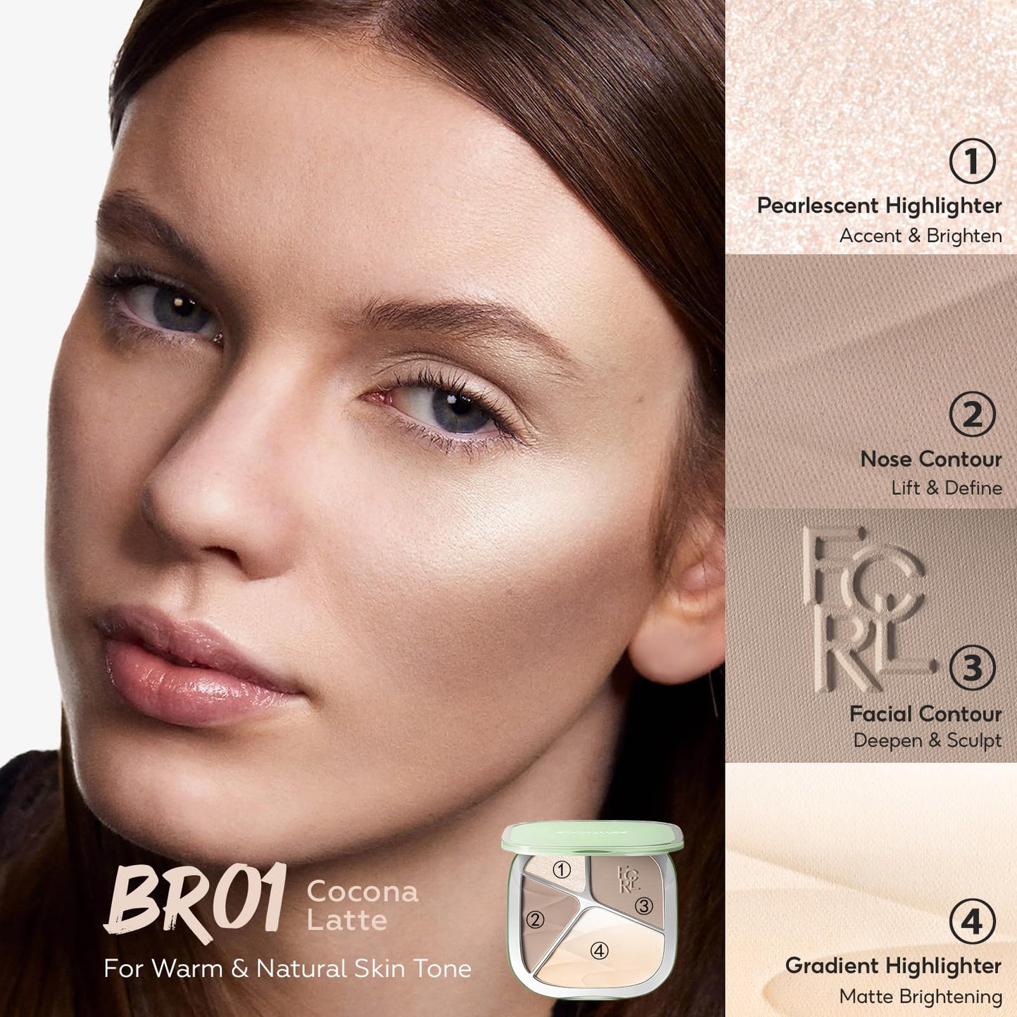 FOCALLURE 4-Color Contour Palette with Gradient Highlighter & Matte Finish - 3D Radiant Makeup for All Skin, Long-Lasting Highlight and Natural Contour Kit